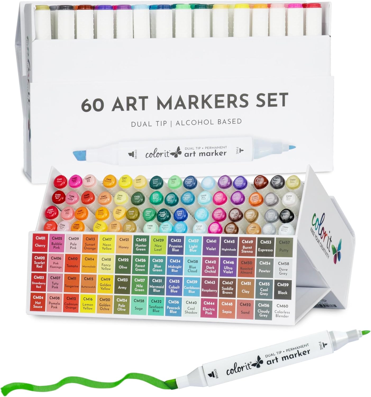 ColorIt 60 Dual Tip Art Markers Set For Coloring - Double Sided Artist Alcohol Permanent Markers With Bullet And Chisel Tip