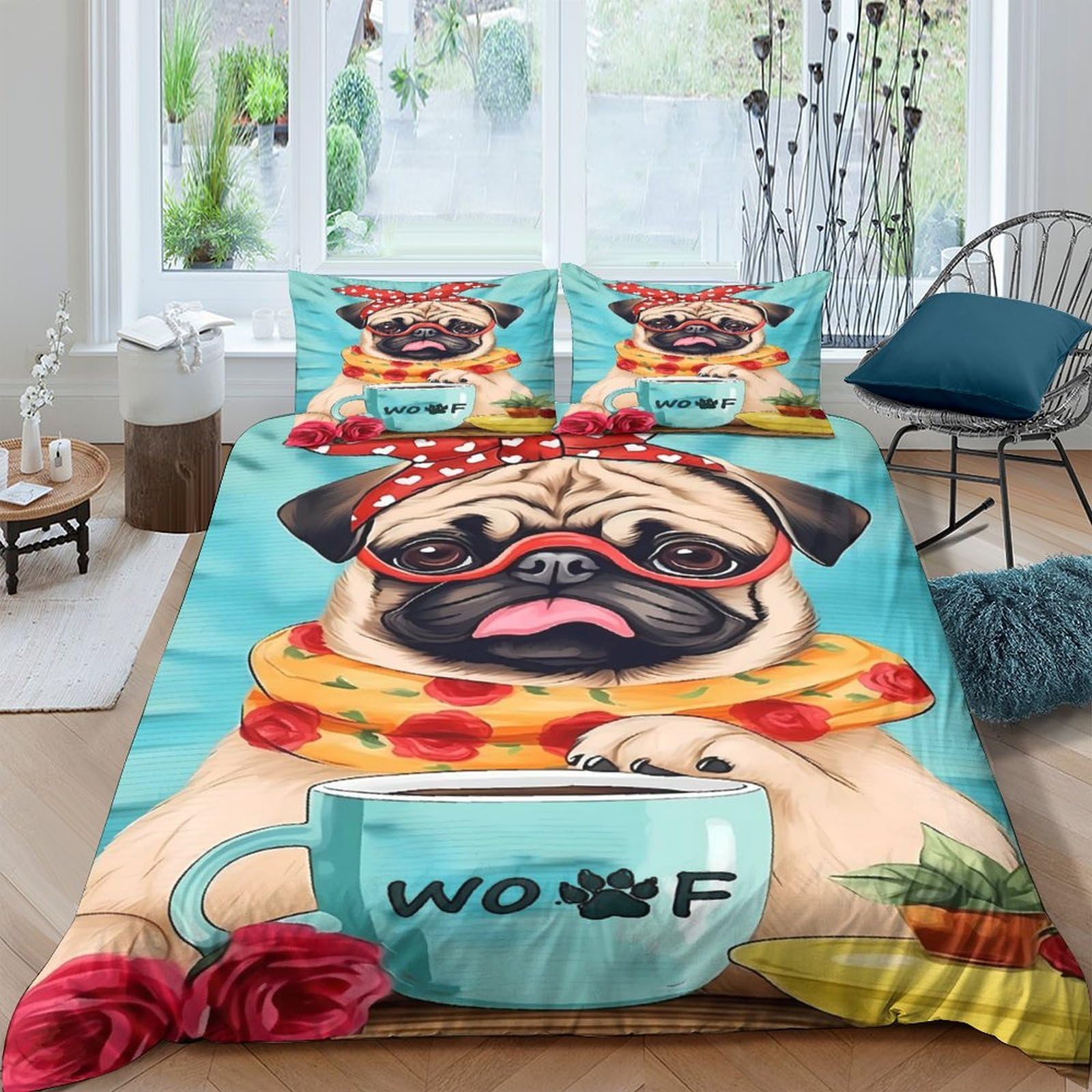 Ctjqhvkz Style-6 3D Printed Cartoon Pug Fitted Sheet Microfiber Soft Blue Red Dog Mug Bed Cover Bedroom Decor Anti-Slip Easy Care Single（135X200cm）