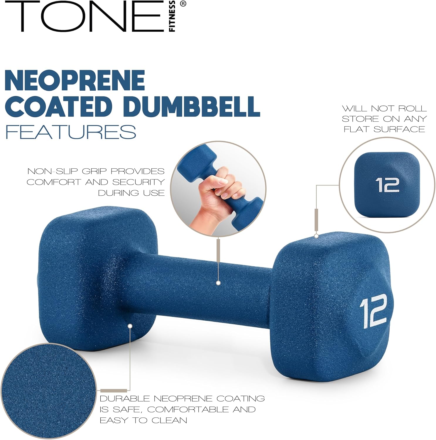 Tone Fitness Neoprene Dumbbell Weight Pairs with Anti-Roll Square Head | Multiple Options
