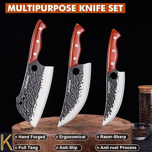 Miniatura 3 de Juego de 3 cuchillos de carnicero forjados a mano, cuchillo de chef serbio afilado, cuchillo de deshuesado, juego de cocina para cortar carne,