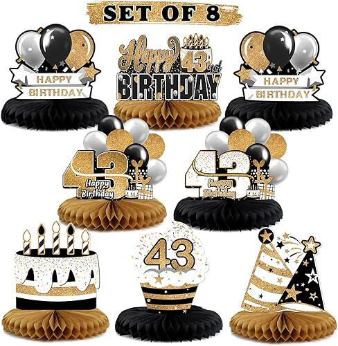 Miniatura 24 de LINGTEER Decoración feliz 50 cumpleaños negro y dorado de papel para mesa - Juego de centros de mesa con estrella de pastel y globo, 8 piezas