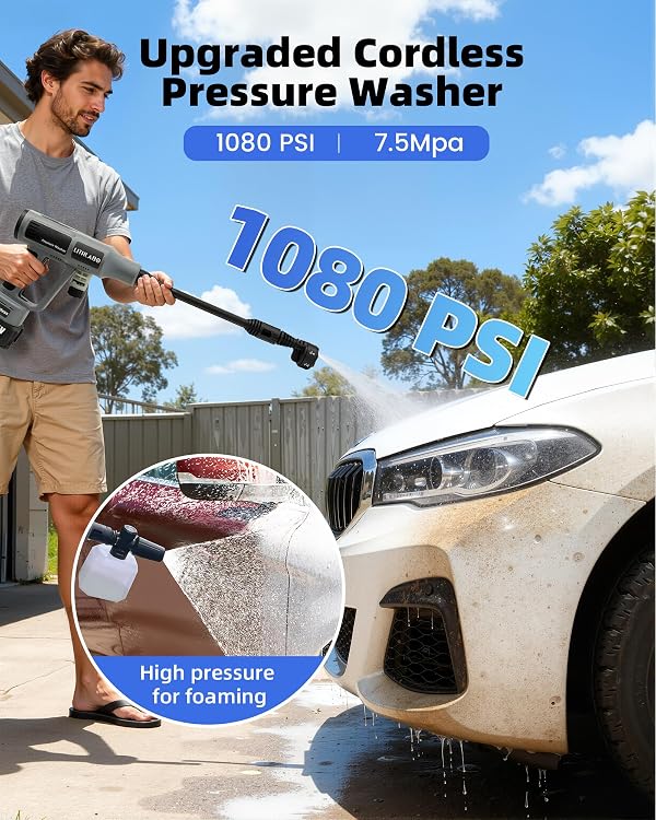 Cordless Pressure Washer 1080PSI with 2 x 4.0Ah Batteries, Portable Power Washer with 6-in-1 Nozzle,Foam Cannon, Hose, Faucet Adaptor, Handheld Pressure Washer for Car Wash Fences Driveways Patios by Lithlabo - Image 2