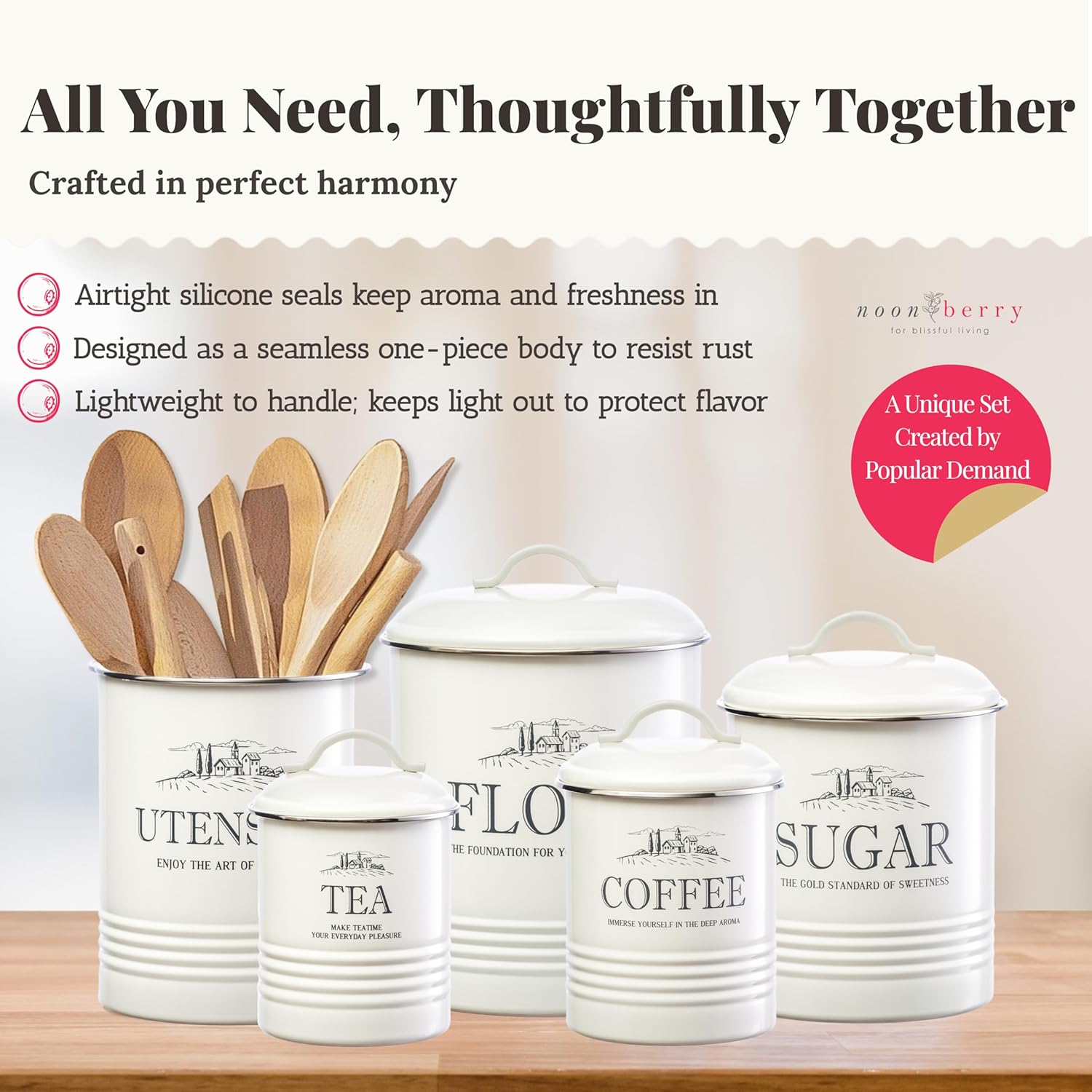 Kitchen Canisters for Countertop – 5-Piece Airtight Flour Sugar Coffee Tea Kitchen Canister Set with Utensil Holder – Sugar and Flour Containers for Kitchen Counter, Cream-White Finish