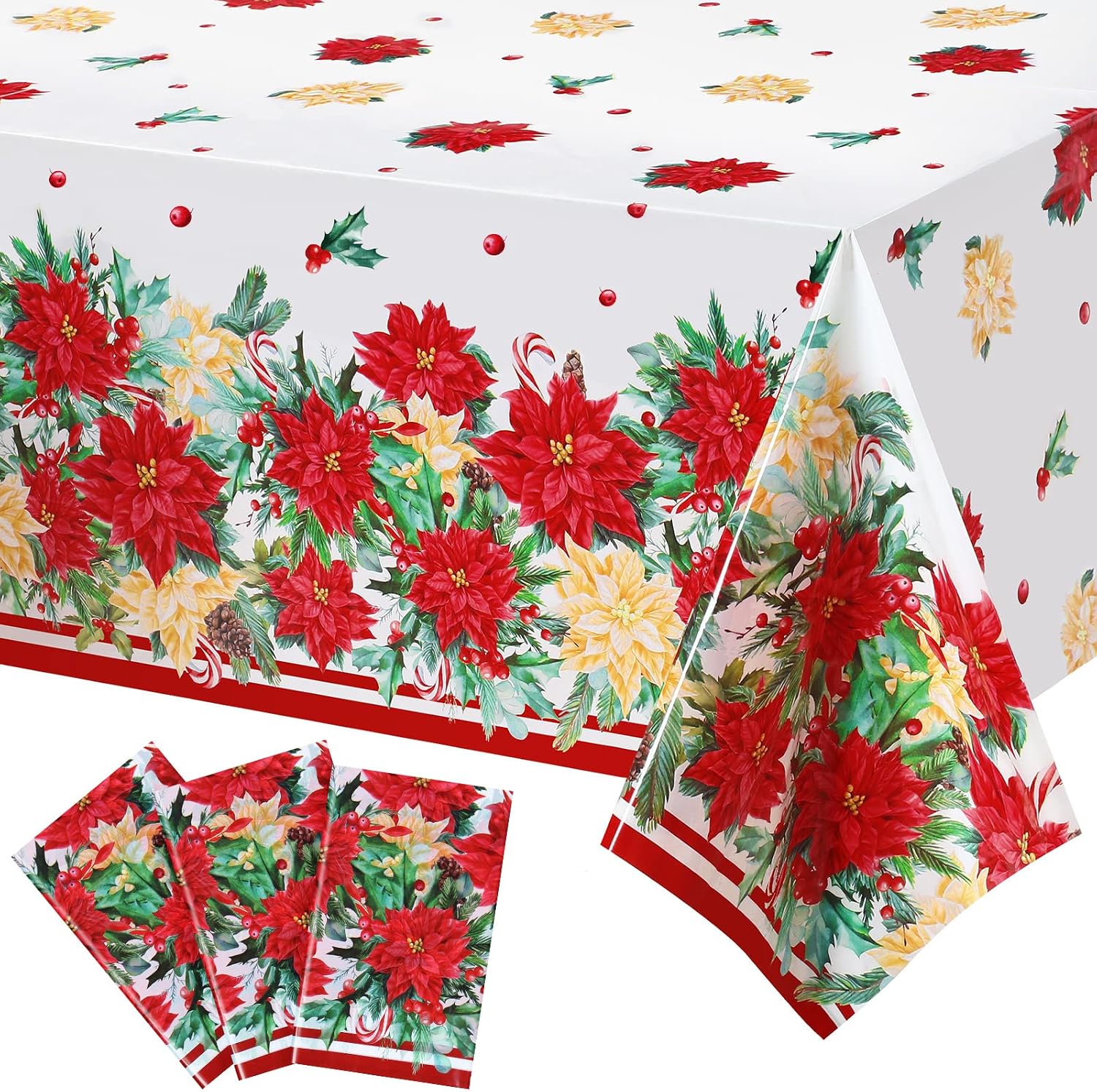 Irenare 3 Pcs Christmas Tablecloth, 54x108inch, Disposable, Rectangle, Plastic Christmas Poinsettia Tablecloths Holly Poinsettia Table Covers Xmas Table Covers for Xmas Holiday Party Supplies Decor