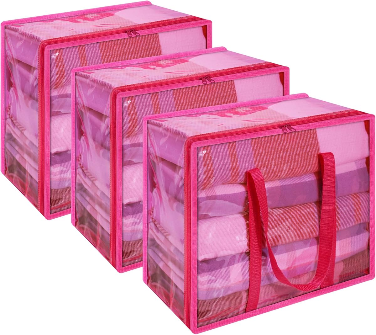 Pink 90L Clear Clothes Storage Bag with Zipper 3 Pack | Colorful Clothes Organizer, Vinyl Storage Bag for Comforter, Blanket, Bedding, Duvet, Transparent Moving Totes