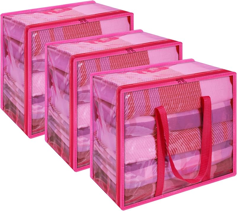 Pink 90L Clear Clothes Storage Bag with Zipper 3 Pack | Colorful Clothes Organizer, Vinyl Storage Bag for Comforter, Blanket, Bedding, Duvet, Transparent Moving Totes