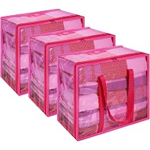 Vieshful 90L Transparent Clothing Storage Bag with Zipper 3 Pack Colorful Clothes Organizer Vinyl Storage Bag for Comforter, Blanket, Bedding, Duvet, Transparent Moving Tote, Pink