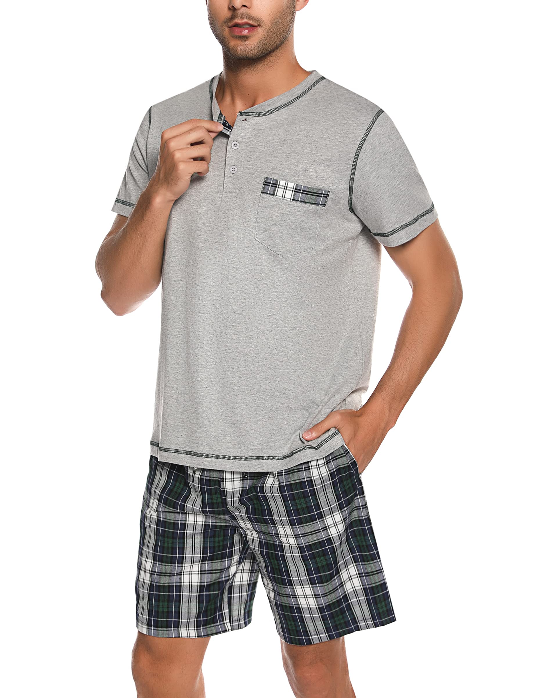 Litherday Pijama Hombre Verano Algodón Pijamas Hombre Corto Manga Conjunto de Pijama Hombre a Cuadros Ropa de Dormir 2 Piezas Bolsillos para Hombre S-XXL