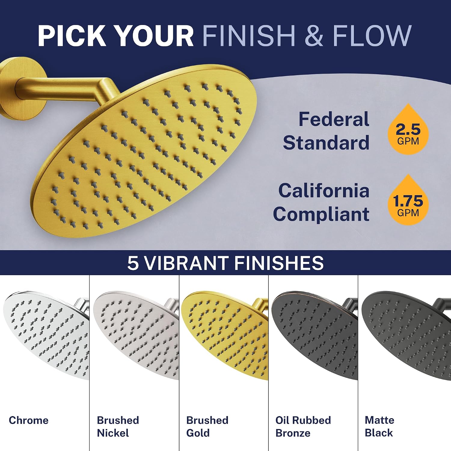 HammerHead Showers Solid Metal Round 8 Inch Rainfall Shower Head, High Flow Shower Head Optimized for Pressure, Brushed Gold, 2.5 GPM