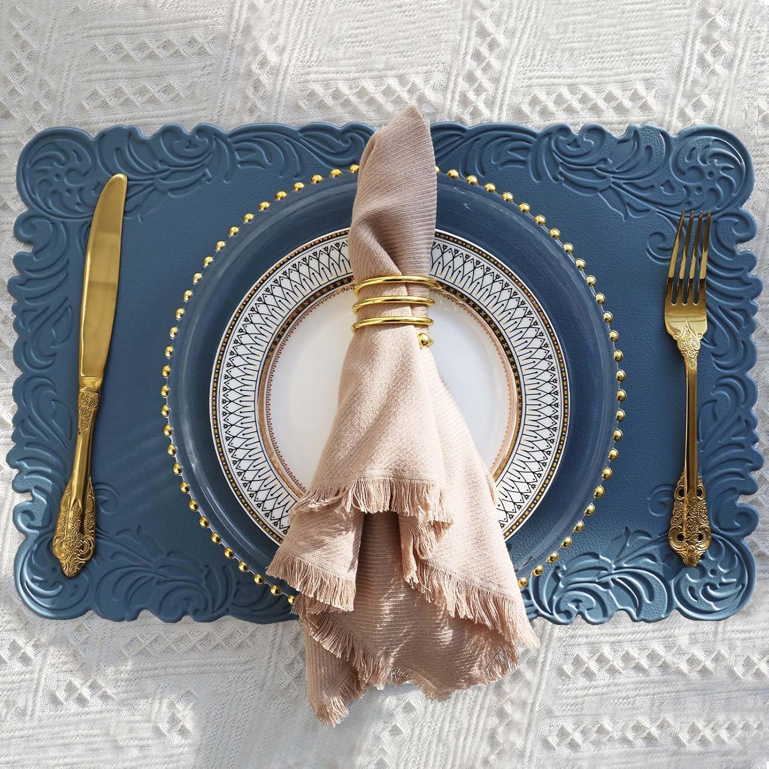 Noctiflorous Rectangle Faux Leather Placemats 12x18 Inches Set of 4 Non-Slip Durable Place mats Heat Resistant Washable Waterproof Table Mats for Dining (Blue, Rectangle, Set of 4) Blue 4 pcs