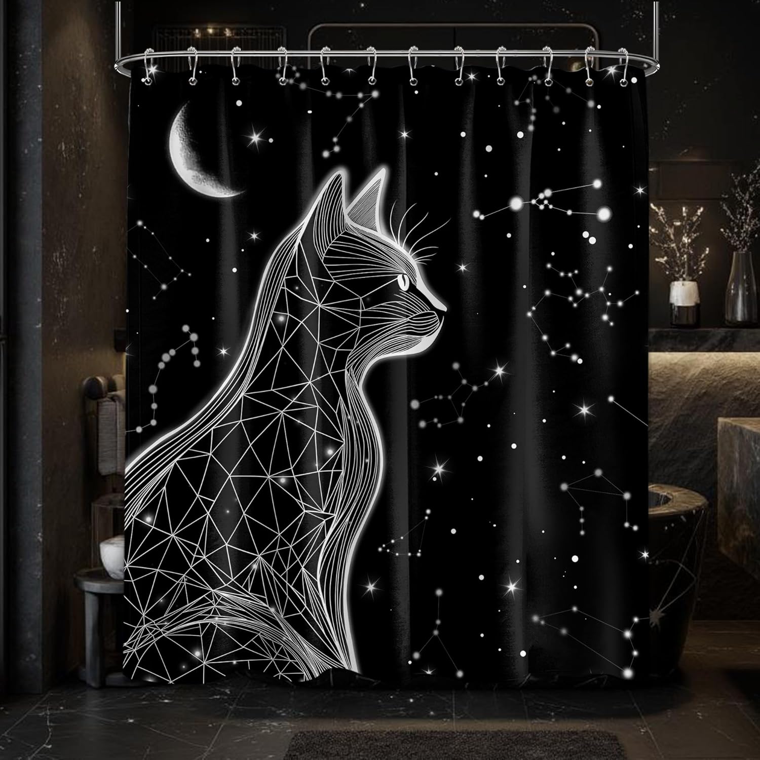 Moom Star Cat Shower Curtain Space Black and White Night Sky Galaxy Shower Curtains for Bathroom Decor, Waterproof Cloth Fabric with Hooks 70" W x 84" L