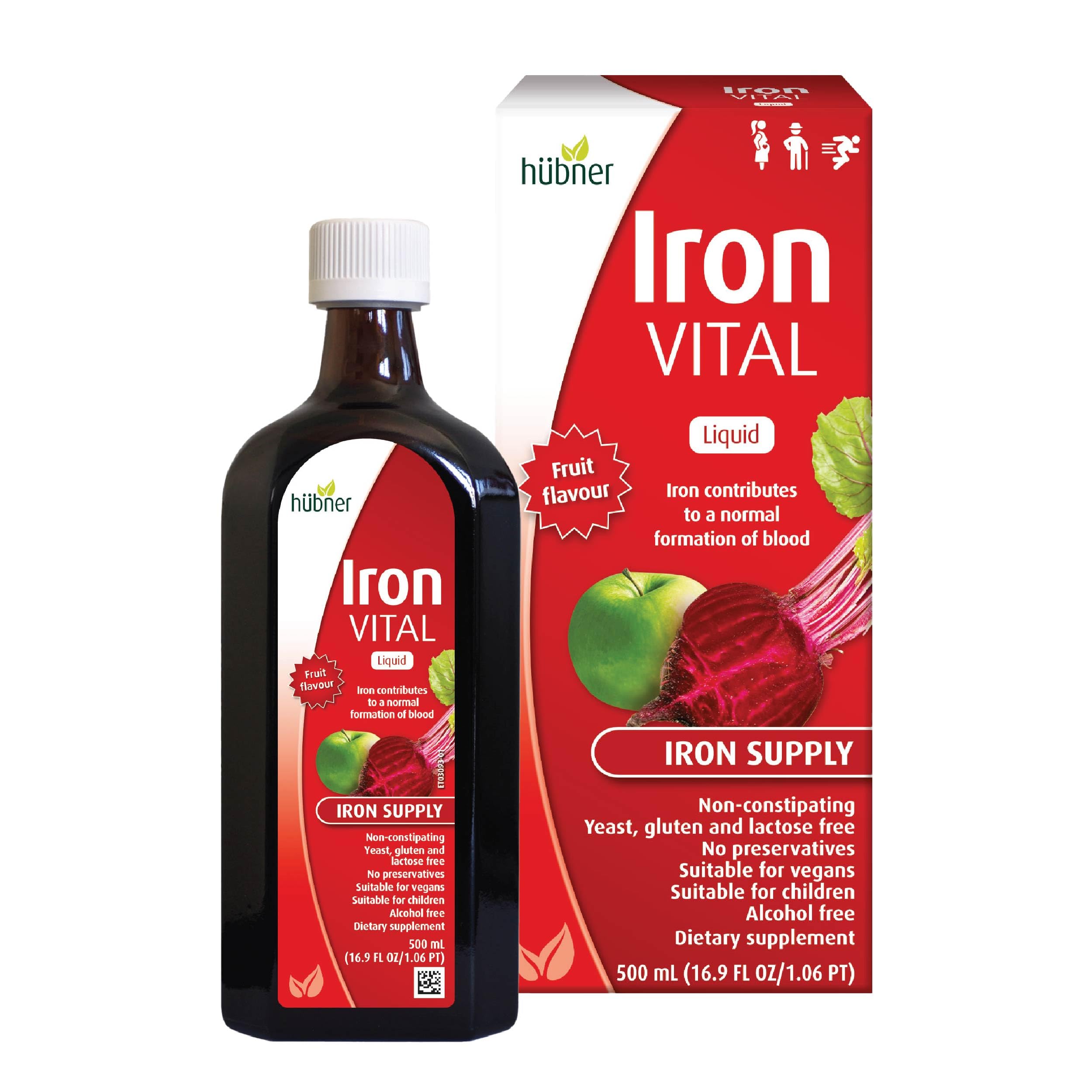 hübner Hubner Iron Vital Liquid Iron Supply Plus Vitamin C, Dietary Supplement for Adults and Kids, Vegan and Gluten-Free, Fruit Flavor, 500 ml Bottle, 50 Servings