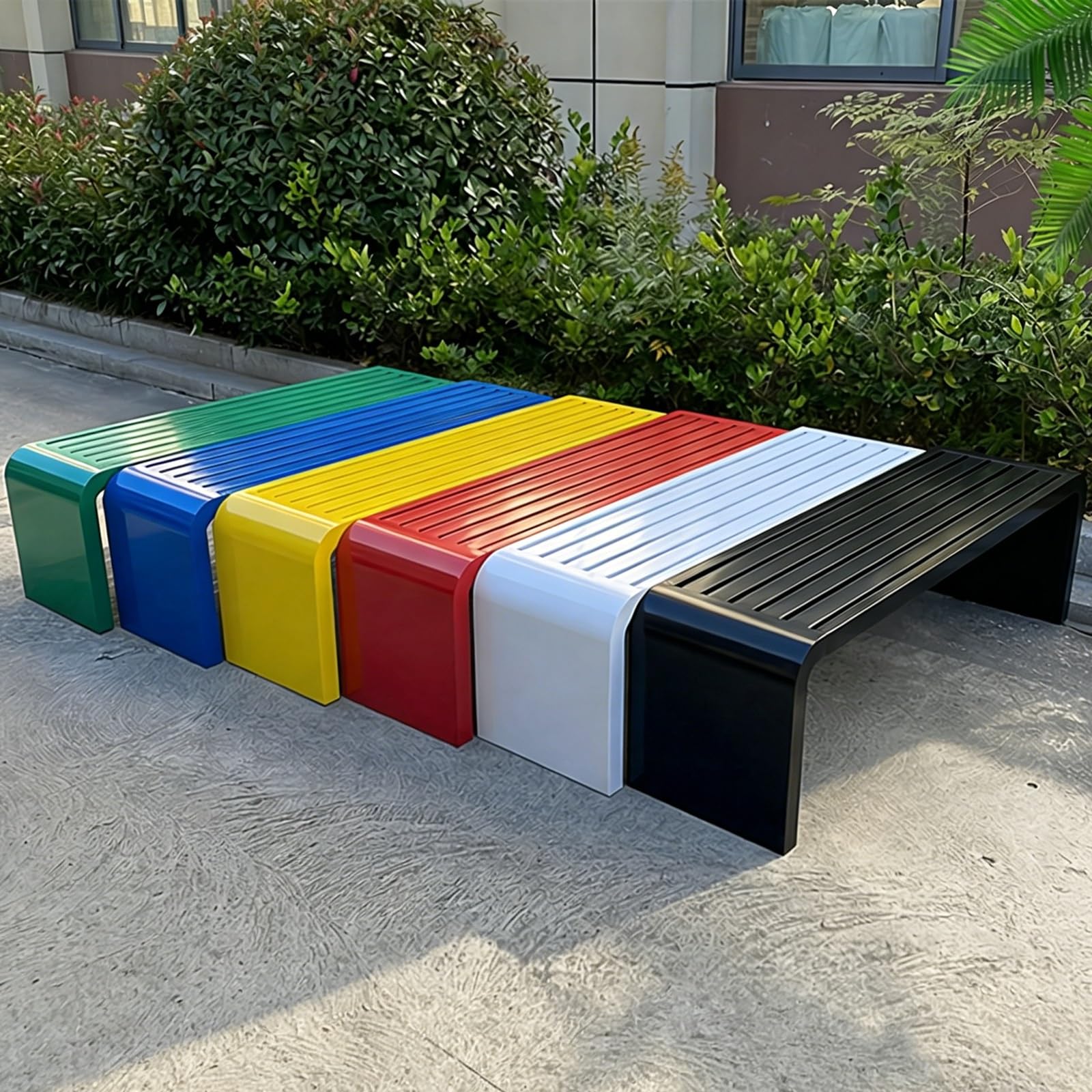 Wodoodporna czarna metalowa ławka zewnętrzna nowoczesny design bez oparcia siedzenia ogrodowe na każdą pogodę 150 cm meble ogrodowe do parków i patio stylowy wielokolorowy akcent