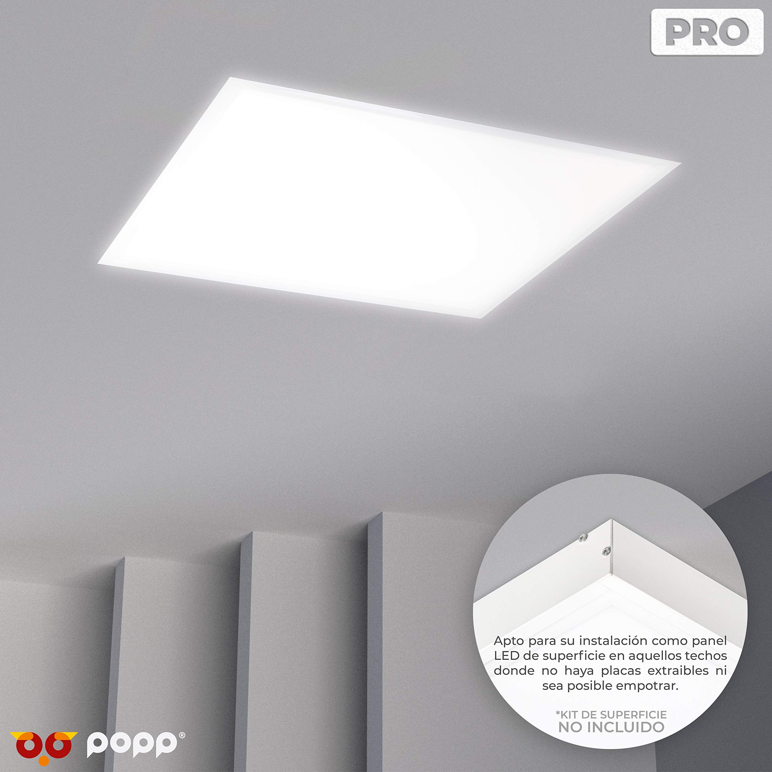 POPP® Panel LED Empotrable 40W super slim PRO con lente PMMA UGR<19 SMD 4014 IP40*(Driver LIFUD incluido) No flicker no requiere tornillos instalación, para techos desmontables (60x60cm Pack 2, 4000K)