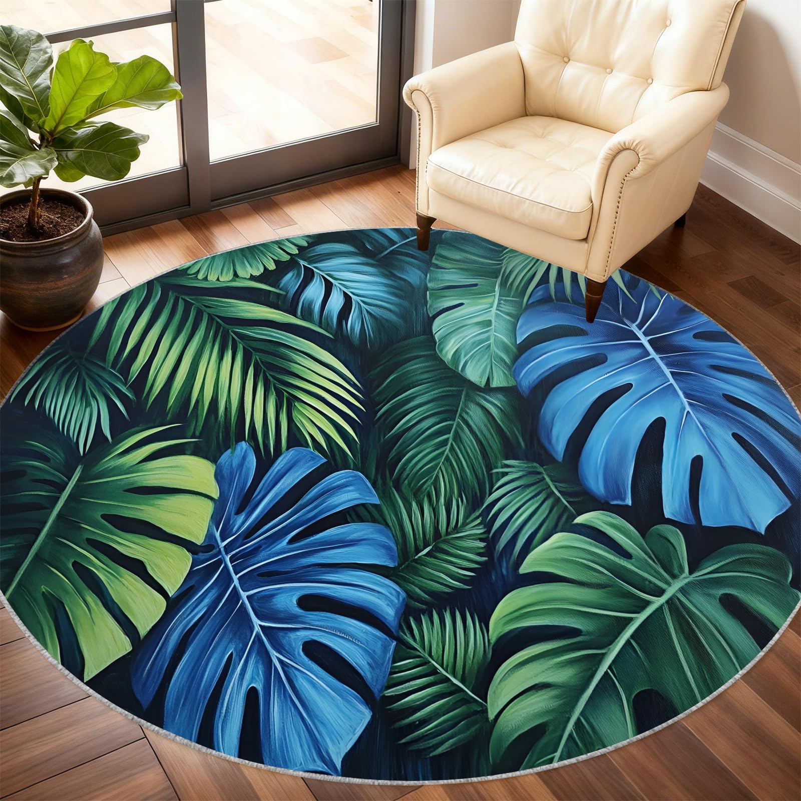 Tapis rond tropical vert foncé Palm Tapis circulaire de 6 pi | Tapis Jungle Boho pour chaise, lavable, motif feuilles de Monstera antidérapant et à poils courts