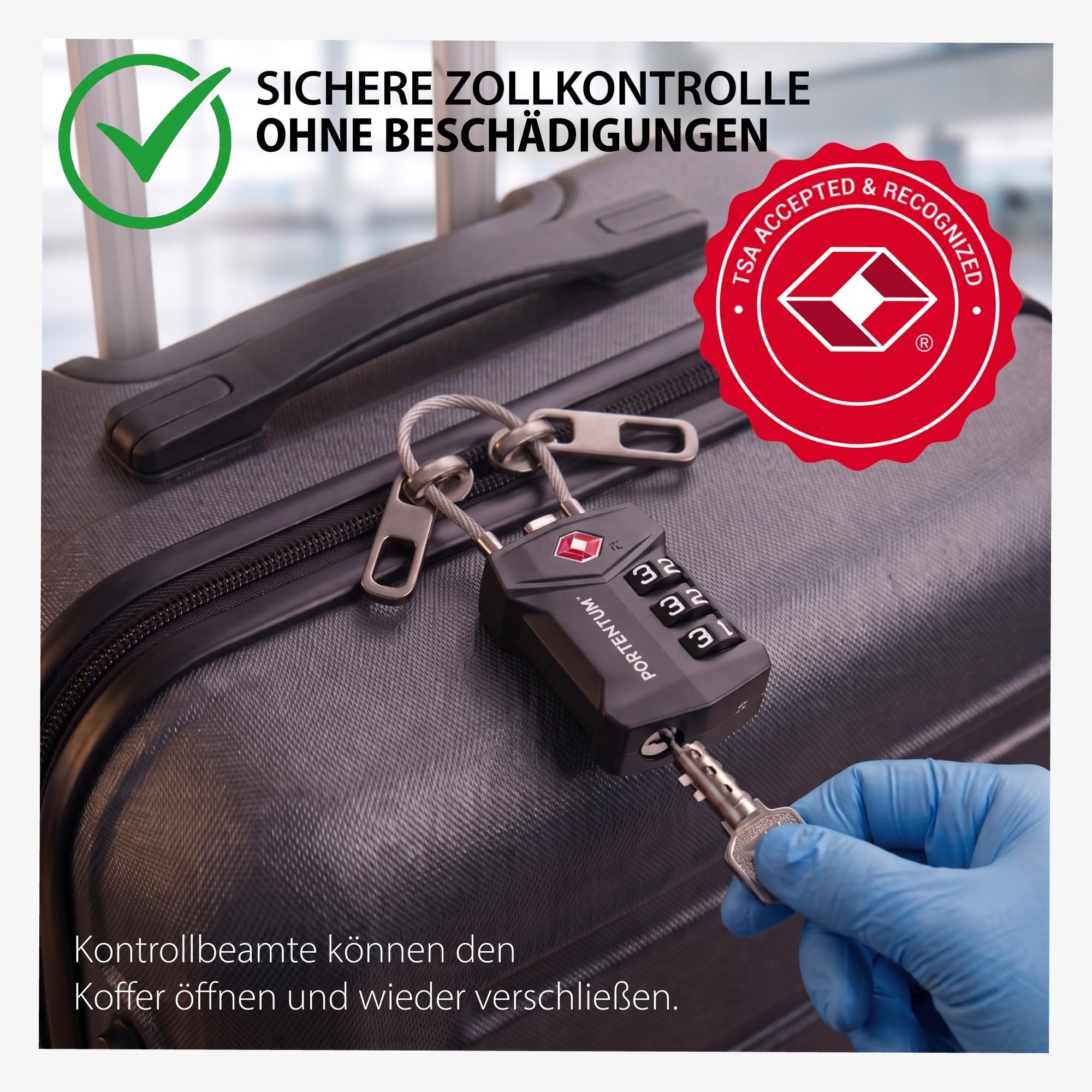 PORTENTUM TSA Kofferschloss zertifiziert mit 3-stelligem Code – 20er Pack – Kofferschloss für Flugreisen mit flexiblem Stahlseil und Namensanhänger – Reiseschloss für Koffer Taschen und Spinde