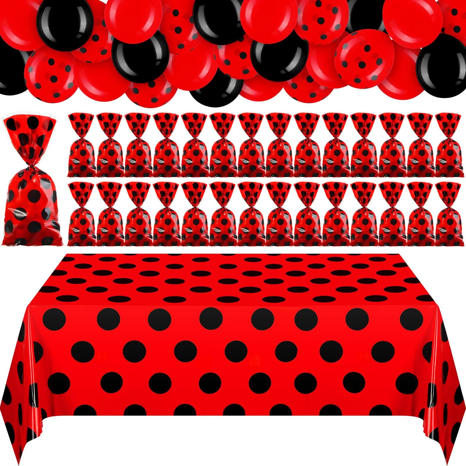 73 Pcs Ladybug Birthday Party Decoration 54" x 108" Lady Bug Tablecloth 48 Red Candy Bags with Twist Ties 24 Latex Balloon for Themed Birthday Wedding Backdrop Supplies (Red and Black)