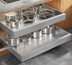 2 Pack Expandable Width (15.15"-26.3") Pull Out Cabinet Organizer 21" Deep with Raising Pad for Framed Cabinets, Upgrade 3 Slide Rails Slide Out Drawers, Roll Out Shelves Adhesive, Silver
