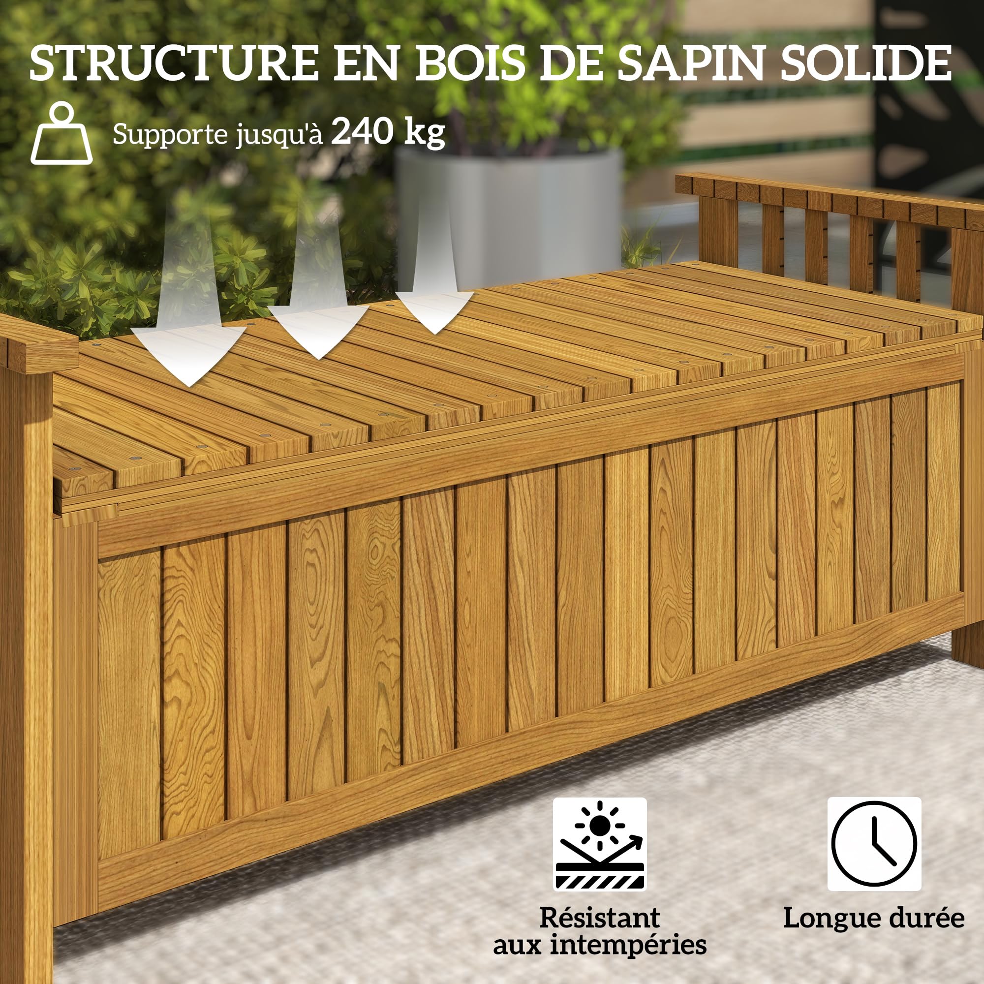 Outsunny Banc de Jardin en Bois 2 Places avec Espace de Rangement de 151L, Banc d'extérieur avec accoudoirs, Charge 240 kg, pour Jardin Balcon, 128,5 x 52 x 53,5 cm Marron