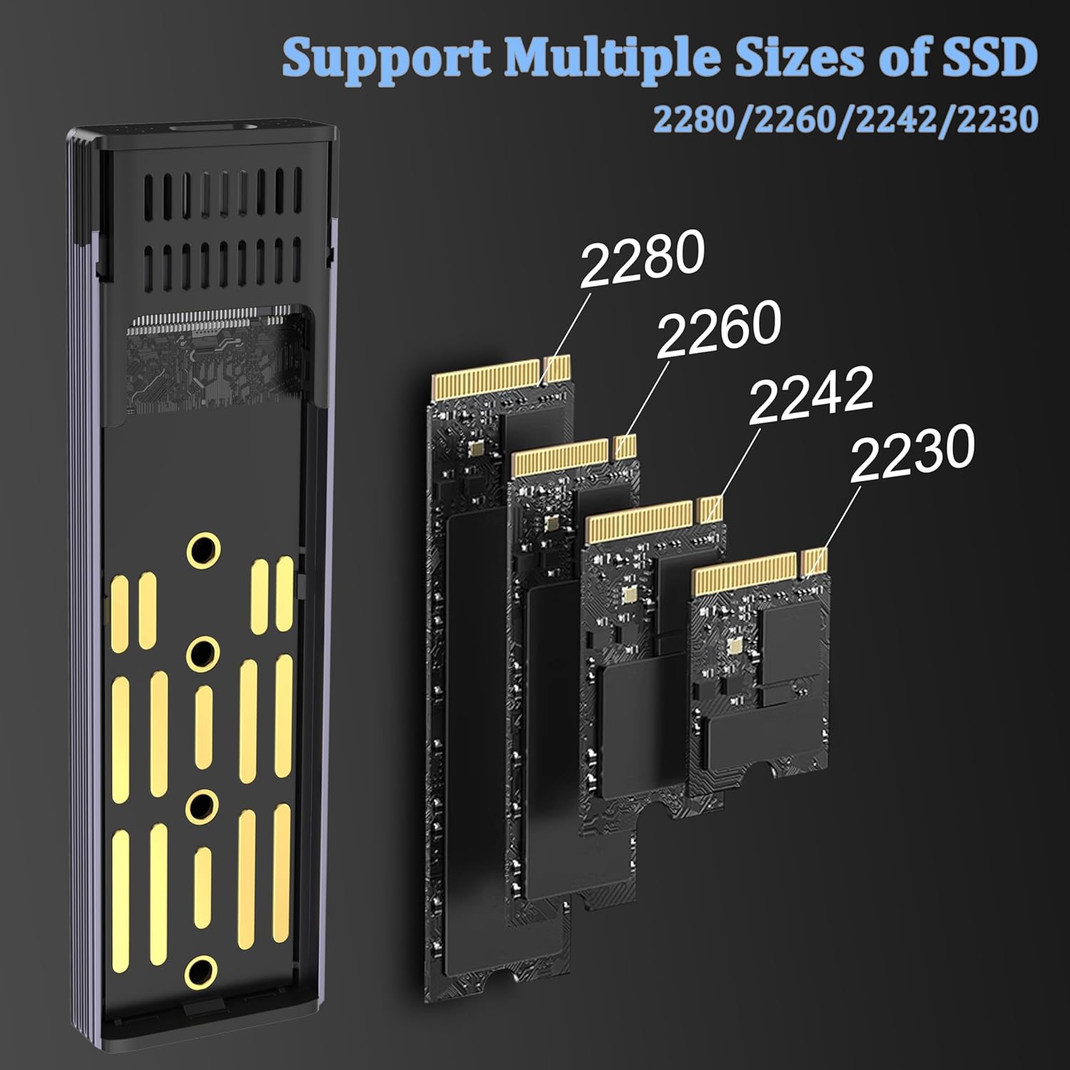 Illustration of different M.2 SSD sizes (2230, 2242, 2260, 2280) compatible with the enclosure.