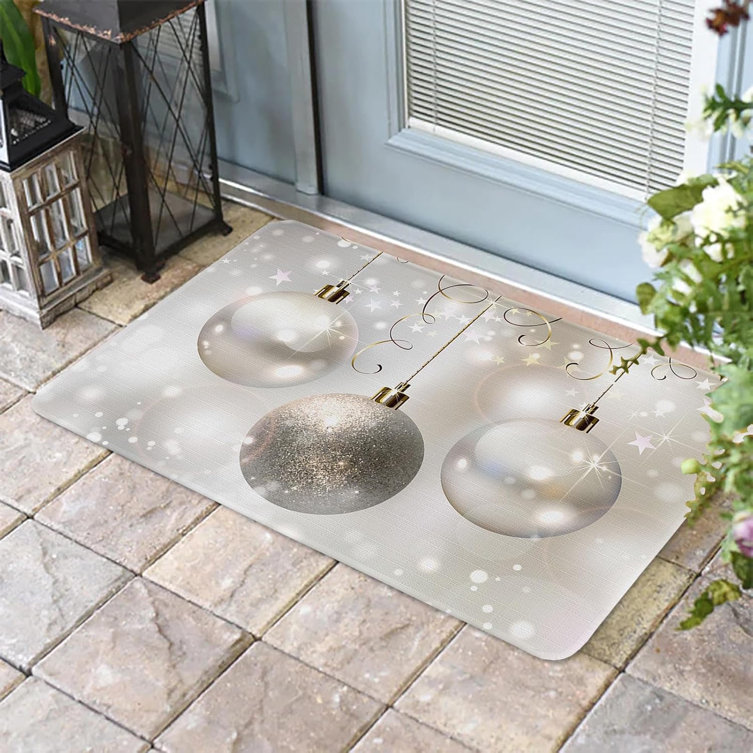 Christmas Ball Doormat - Shiny Ball Welcome Mat, Silver Grey, 18 x 30 Inch, Non Slip Rubber Mat, Indoor/Outdoor Entrance Rug