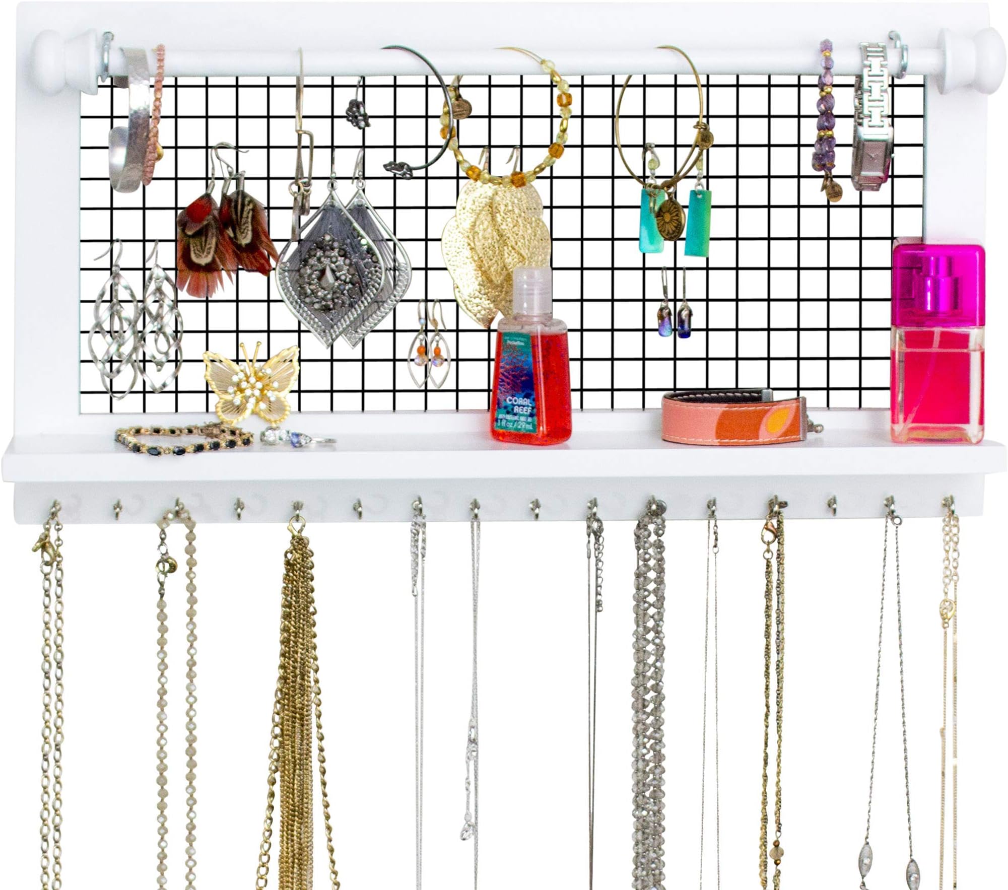 SoCal Buttercup Wall Jewellery Organiser with Bracelet Rod from Hanging Jewellery Stand Rack - Pearl White Wood Finish - Wooden Holder for Earrings, Necklaces, Bracelets, and Accessories …