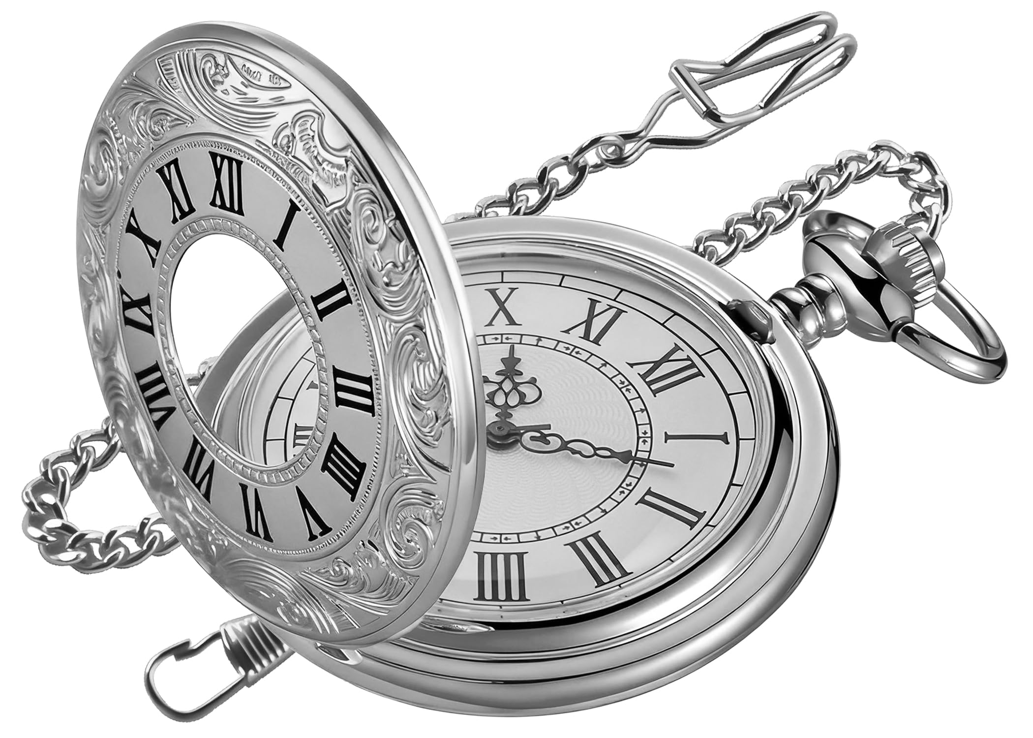 Silvery Hollow Roman Covered Quartz Men's Pocket Watch,Luminous Arabic Numerals Black Dial Pocket Watch with Chain-image-19