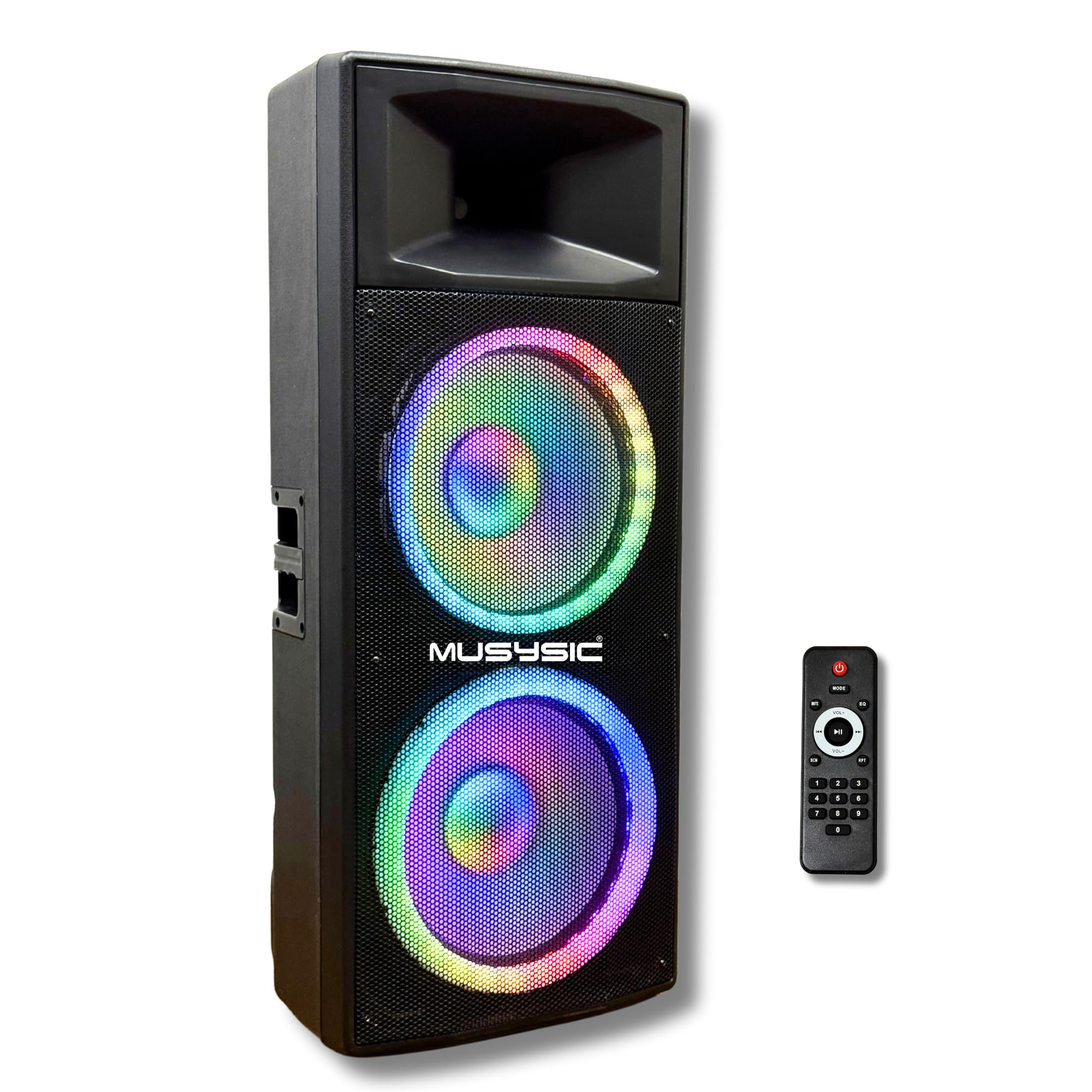 MUSYSIC Portable PA Speaker System w/Bluetooth – Built in 4000W PMPO Amplifier with LED Party Lights Bluetooth, FM, USB, SD 1/4“Inputs PA System – 2 X 15” Subwoofer Speaker