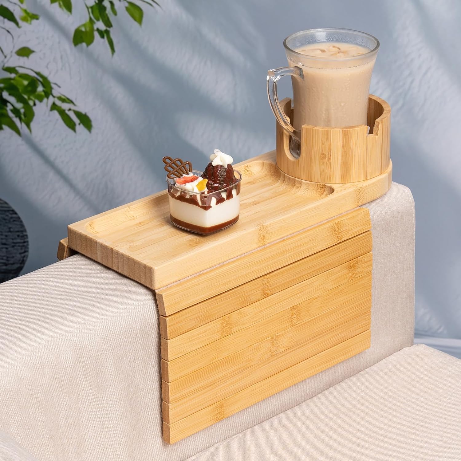Couch Cup Holder Tray for Armrests Over 4.9" Wide, Bamboo Couch Arm Tray with 360° Rotating Phone Stand, 3 in 1 Foldable Sofa Arm Tray Table for Remote, Snacks, Phone, Drinks Natural