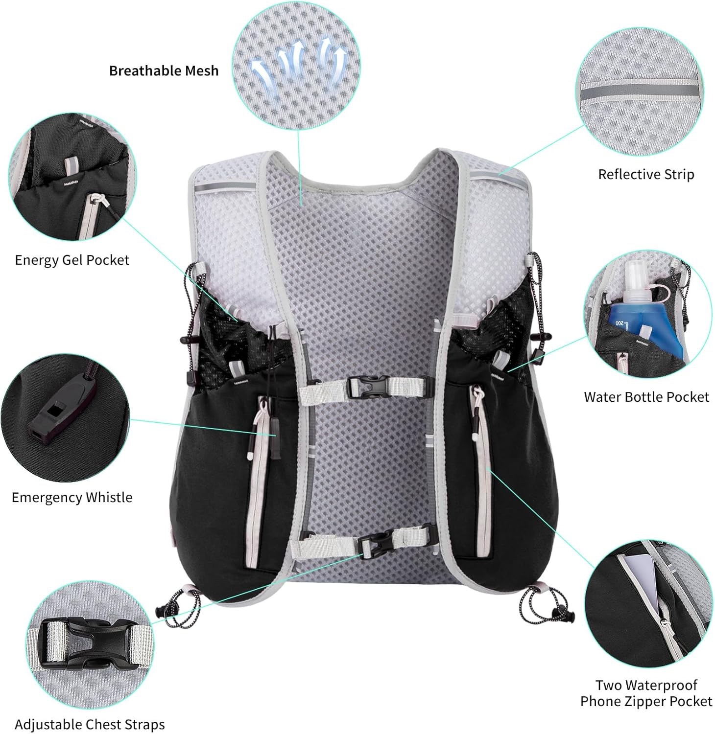 Hydration Running Vest for Women Men,Lightweight Breathable Reflective Hydration Pack with 500ml Water Bottle,Hydration Vest Pack Backpack for Hiking,Camping,Trail Running,Cycling,Race,Marathon - Image 2
