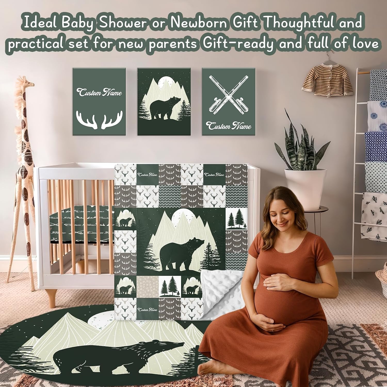 Personalized Baby Crib Bedding Set, 5 Piece Custom Name Baby Crib Bedding with Blanket, Fitted Sheet, Rug, Changing Pad Cover, Wall Art for Infant Toddler Boys Girls, Gift, Bear & Deer Theme