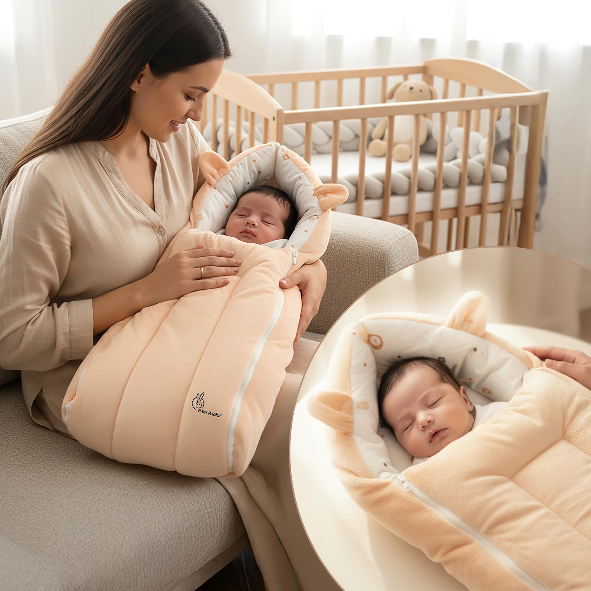 R for Rabbit Snuggy Cucoon Baby Sleeping Bag Bedding Set Ultra-Soft Fleece Outer Layer with 100% Cotton Inner Fabric Dual Zipper Multipurpose Travel Friendly for 0-6 Months New Born Baby(Teddy Beige)