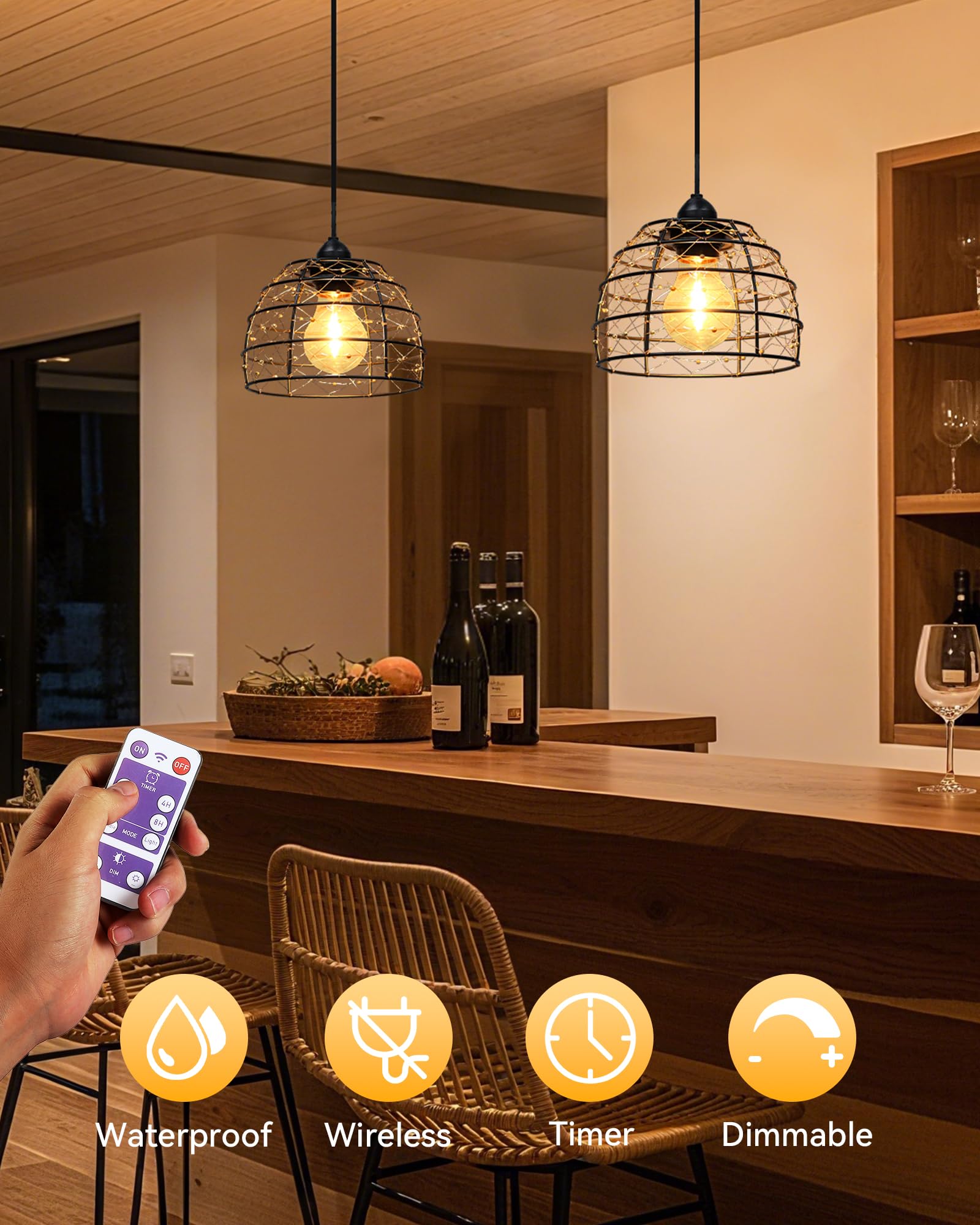 Lampe Suspendue à Piles Lot de 2 Bohème Lustre avec Télécommande Ampoule E27 Luminosité Réglable Minuterie