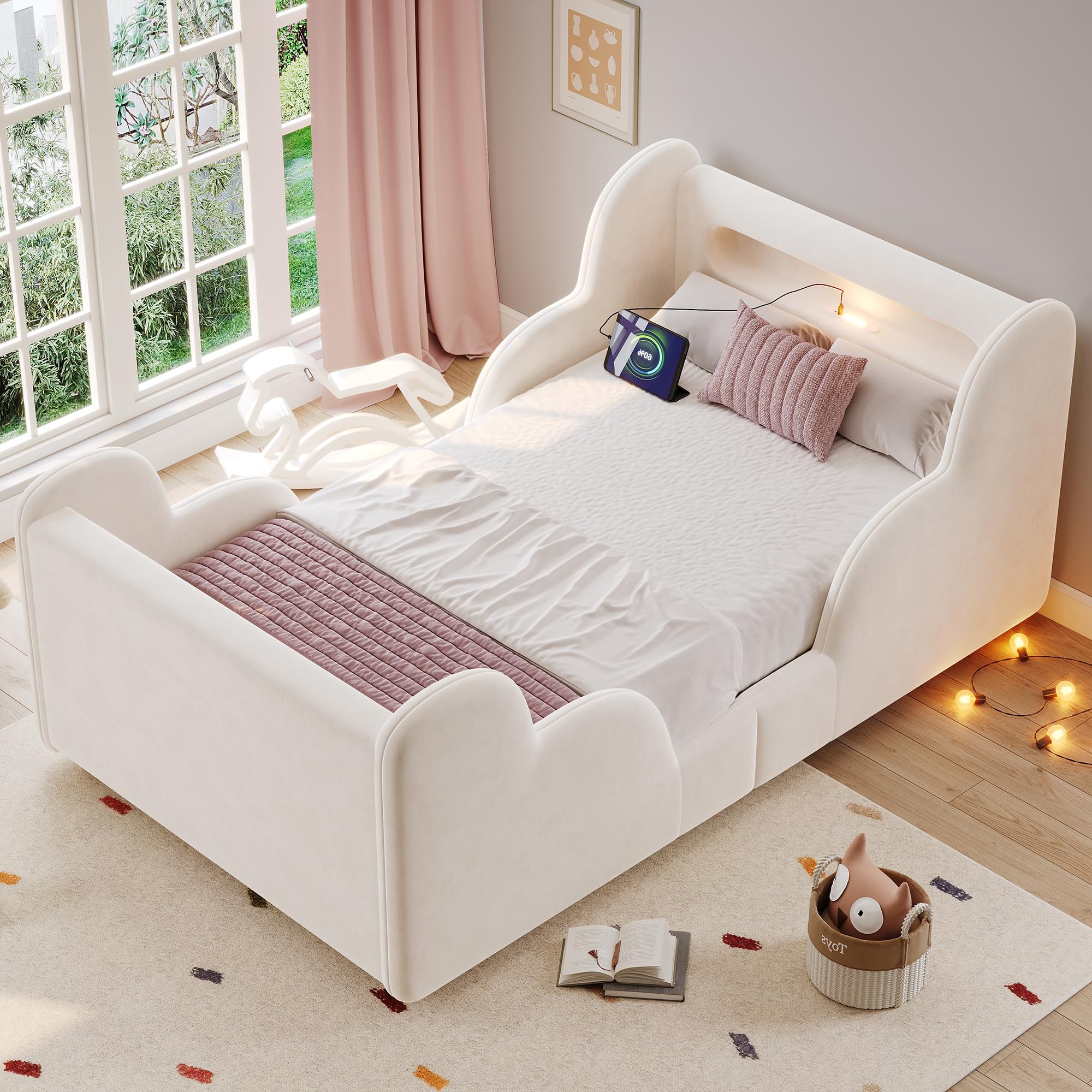 Merax 3ft Toddler Bed with Safety Rails 90 x 190cm Single Bed Frame with LED Headboard, USB Type-C Charging, Upholstered Kids Bed Low Frame floor bed for toddler, Velvet Beige -No Mattress โ image 1