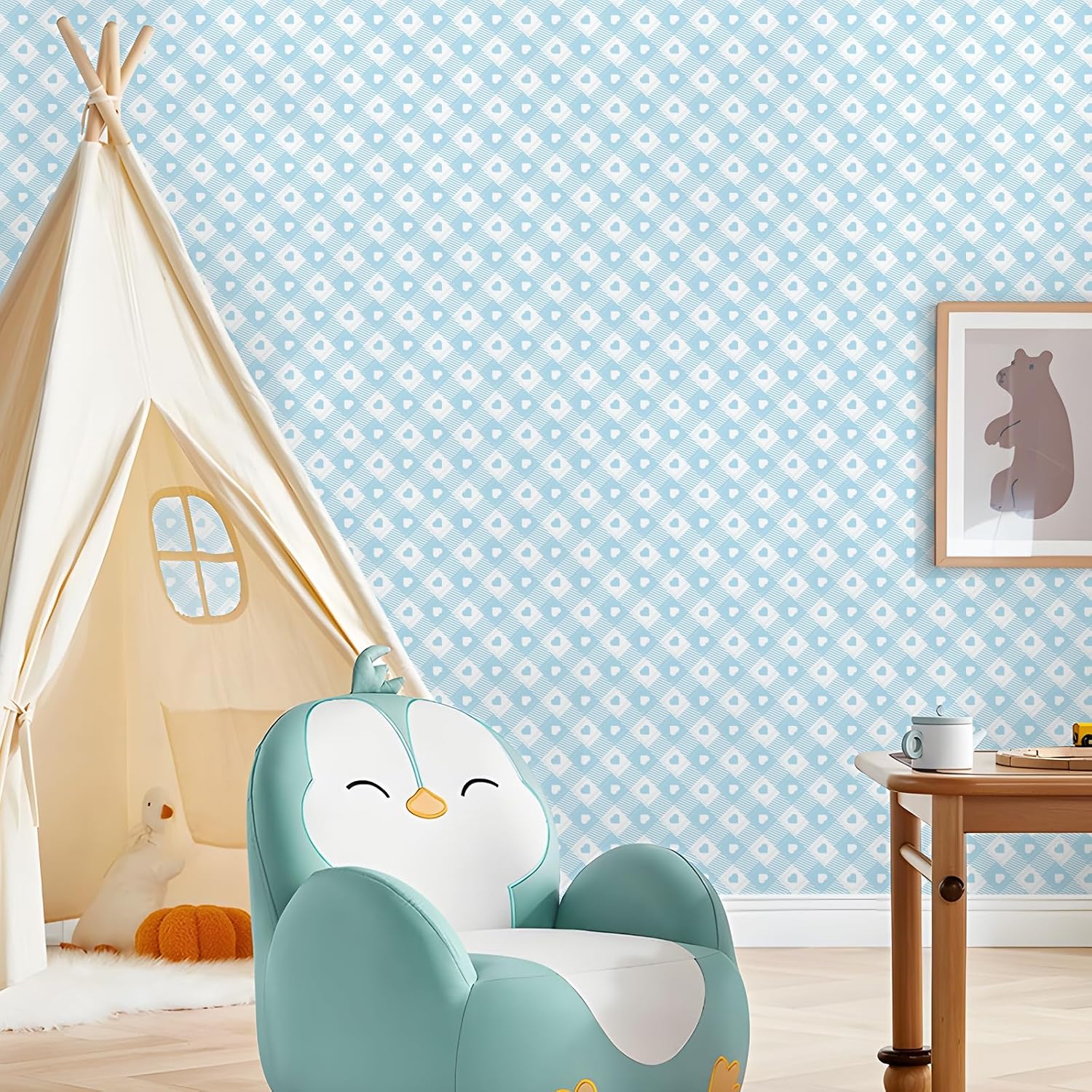 Blue and White Peel and Stick Wallpaper A Set of 17.3"x480" Heart Plaid Wallpaper Romantic Preppy Style Cute Checkered Contact Paper for Cabinets, Nursery, Bedroom