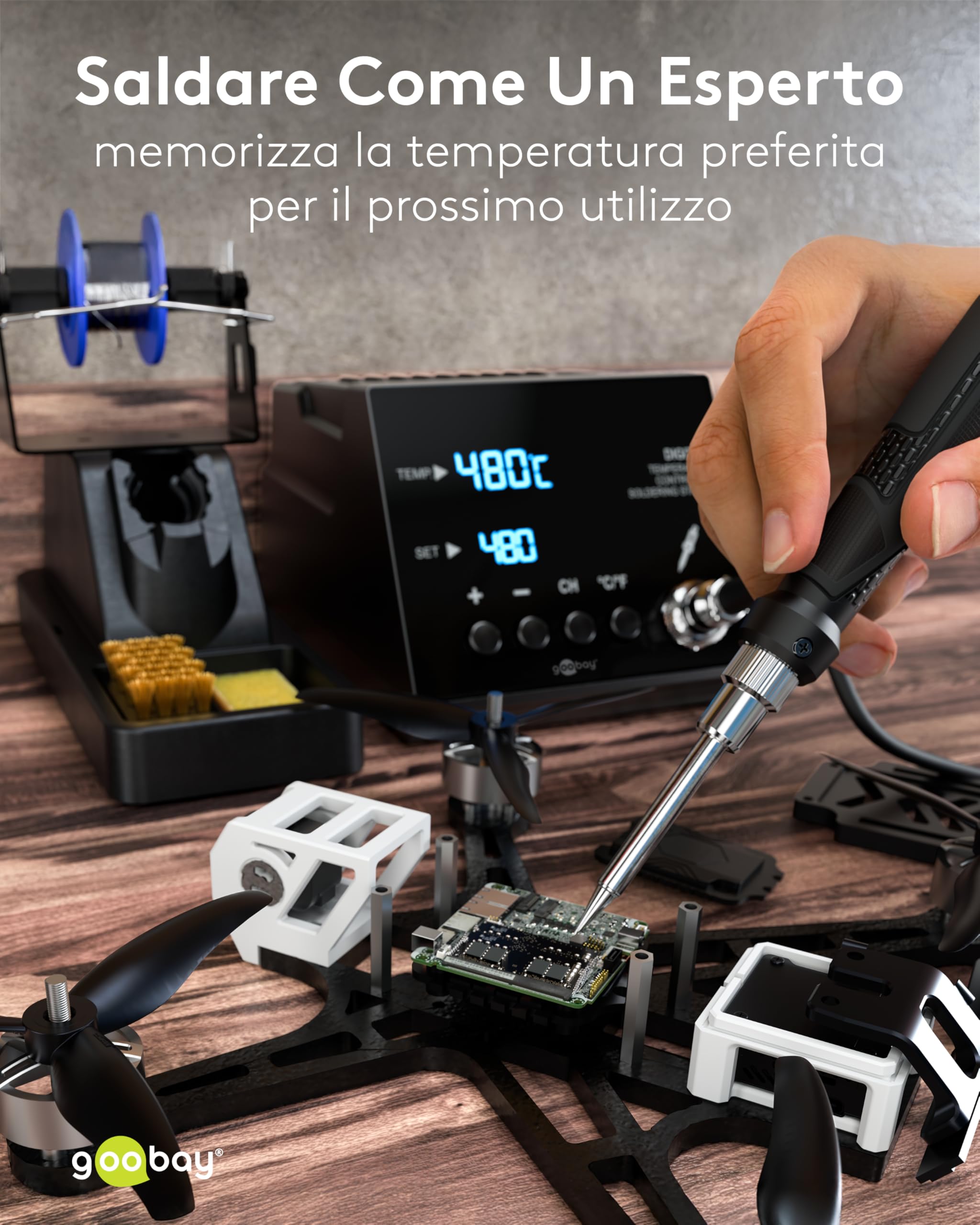 Stazione di saldatura digitale goobay 70 W, 160–480 °C, tempo di riscaldamento 8 sec, display LED, funzione di memoria, incrementi di 1 °C, per elettronica, modellismo, incl. saldatore e accessori