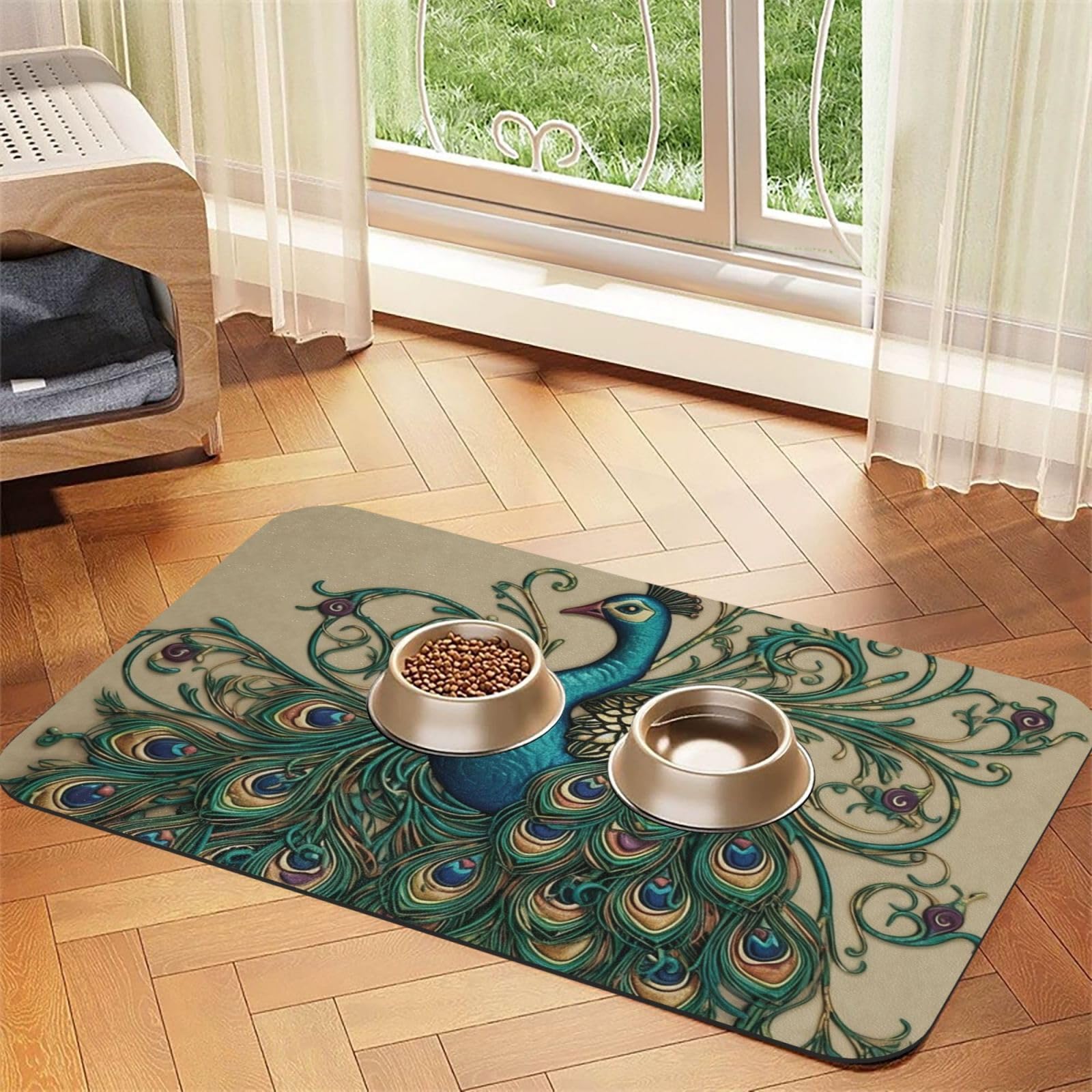 Tapis de nourriture pour chien paon pour protéger votre cuisine