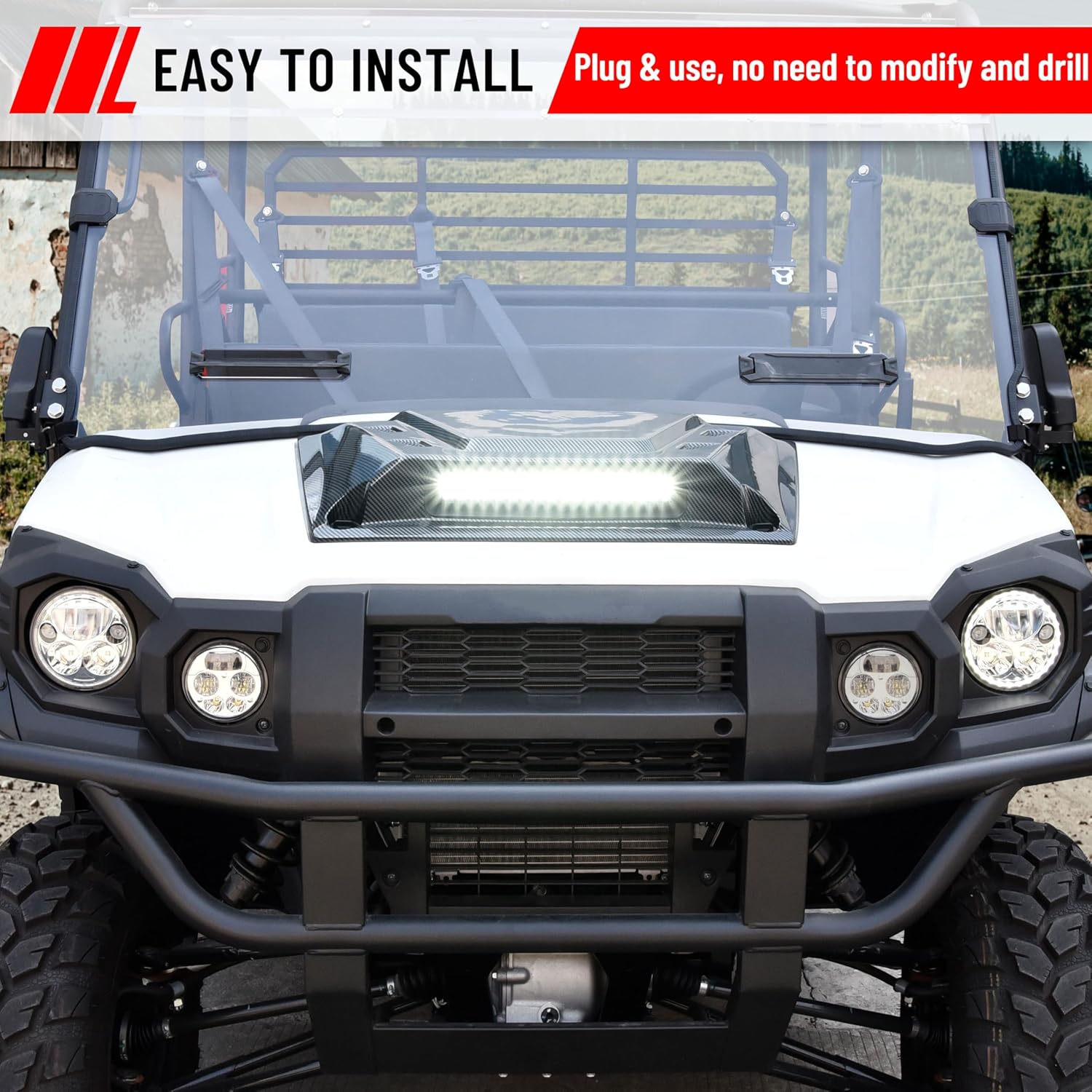 SAUTVS Sport Hood Scoop with LED Spotlight for Kawasaki Mule Pro, Carbon Fiber Pattern Hood Scoop with LED Auxiliary Light Kit for Kawasaki Mule Pro FXT DXT DX FX FXR 2015-2025 Accessories