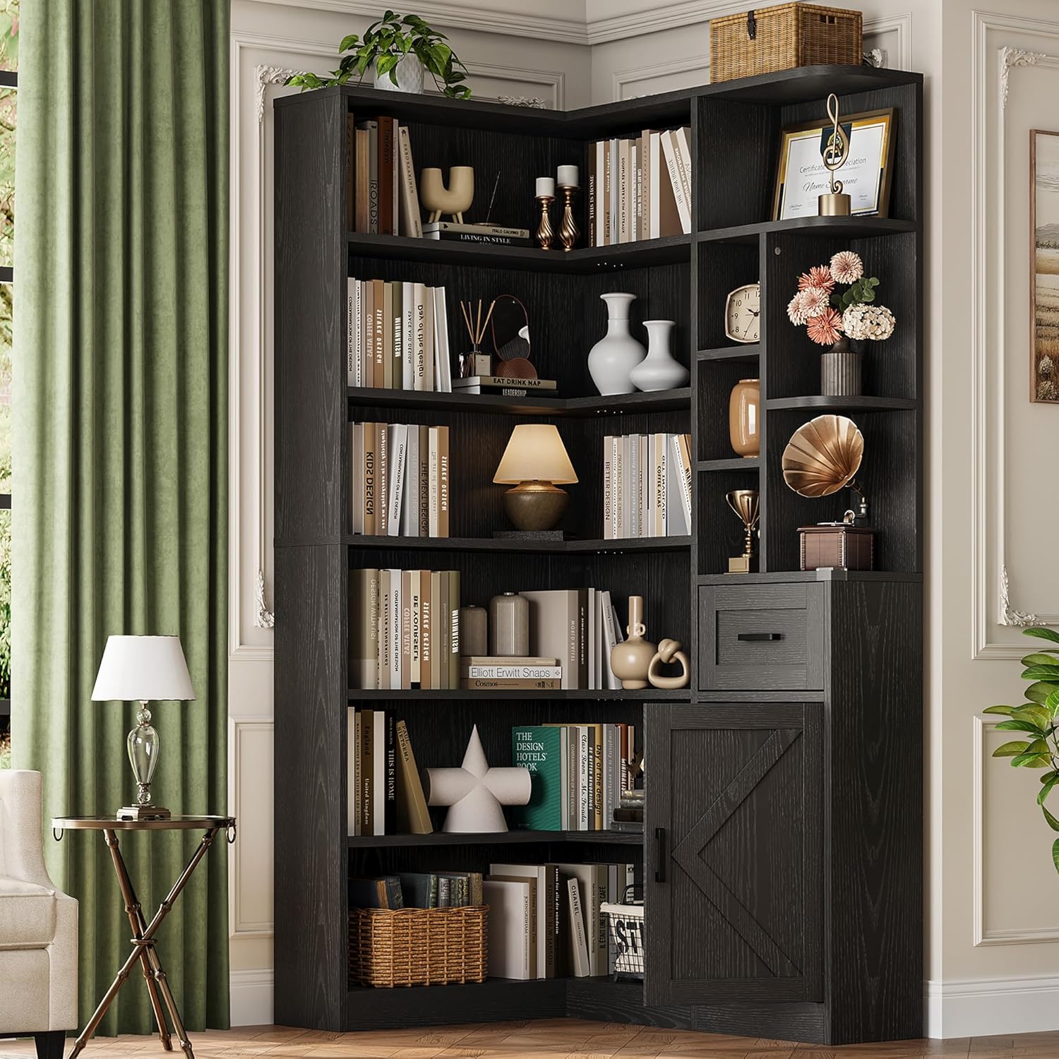 Garvee 74'' Tall Corner Bookshelf - 6-Tier Book Shelf with Drawer and Cabinets, l-Shaped Bookcase Open Storage Shelves Modern Display Shelf for Home, Office