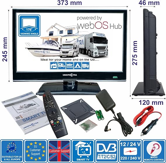Unispectra ® 16 inch Smart TV (webOS) Full HD, Freeview & SAT Tuner, 3x HDMI, 2x USB, Magic Remote. 12V TV for Motorhomes, Campervans, Caravans, Trucks, Vans, Boats