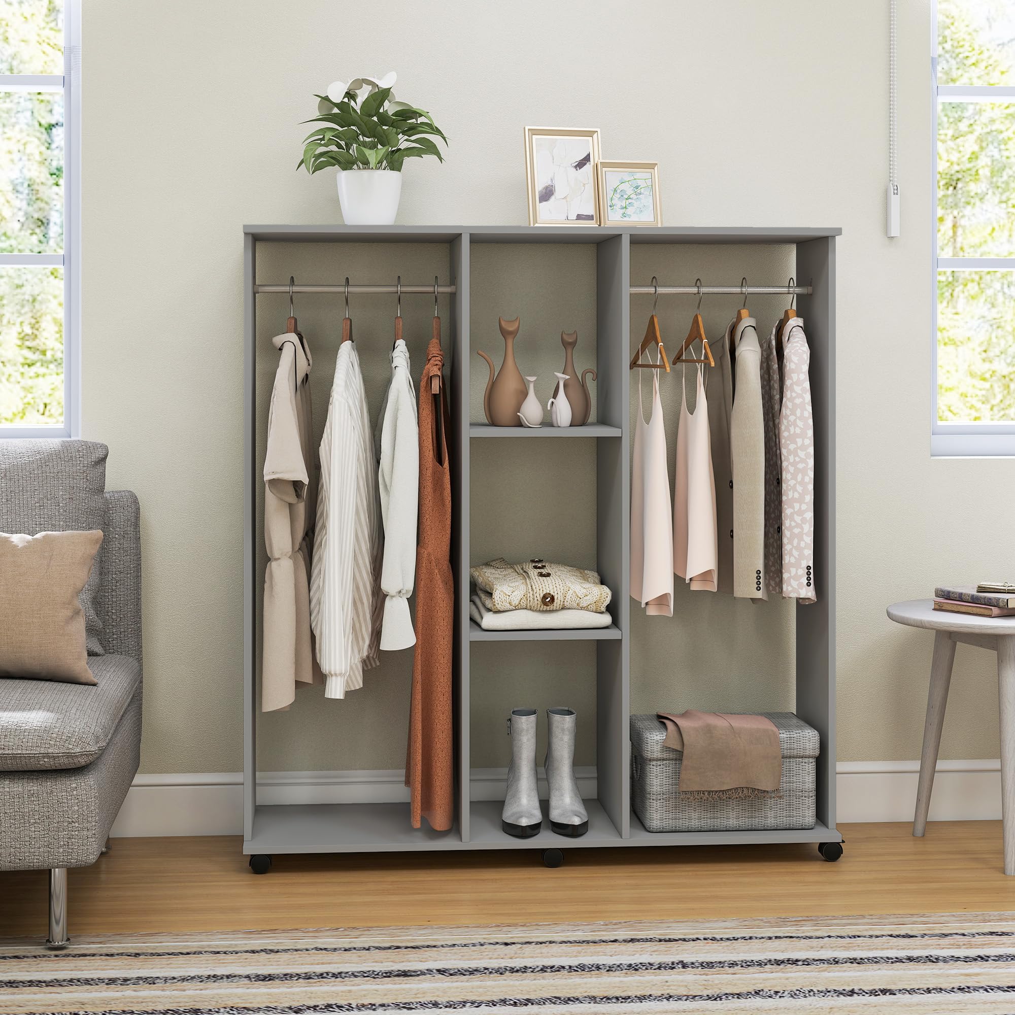 HOMCOM Armoire Penderie Meuble de Rangement Mobile 6 roulettes 120L x 40l x 128H cm en Bois Gris