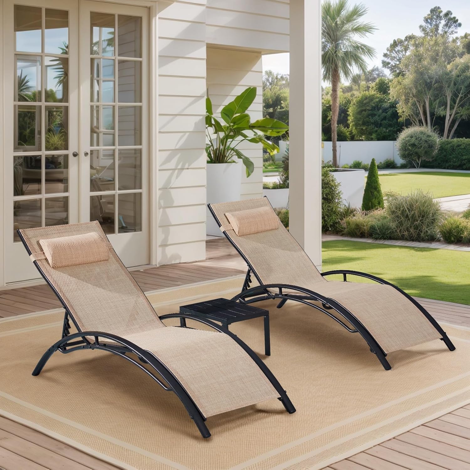 Patio Chaise Lounge, Sunbathing Recliner for Poolside, Pool Chaise Lounge Chairs Set of 3 with Pillow, Side Table & 5-Position Adjustable Backrest,