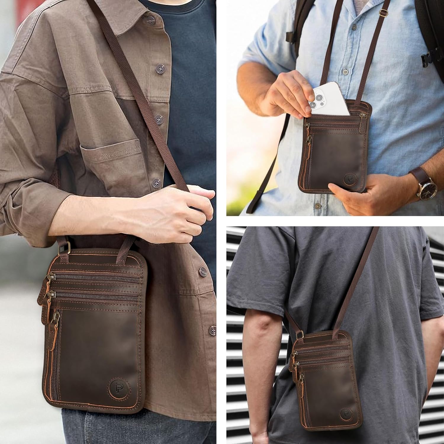 Polare Full Grain Leather Neck Wallet RFID Blocking Conceal Passport Holder Travel Pouch with AirTag Slot for Men - Image 9