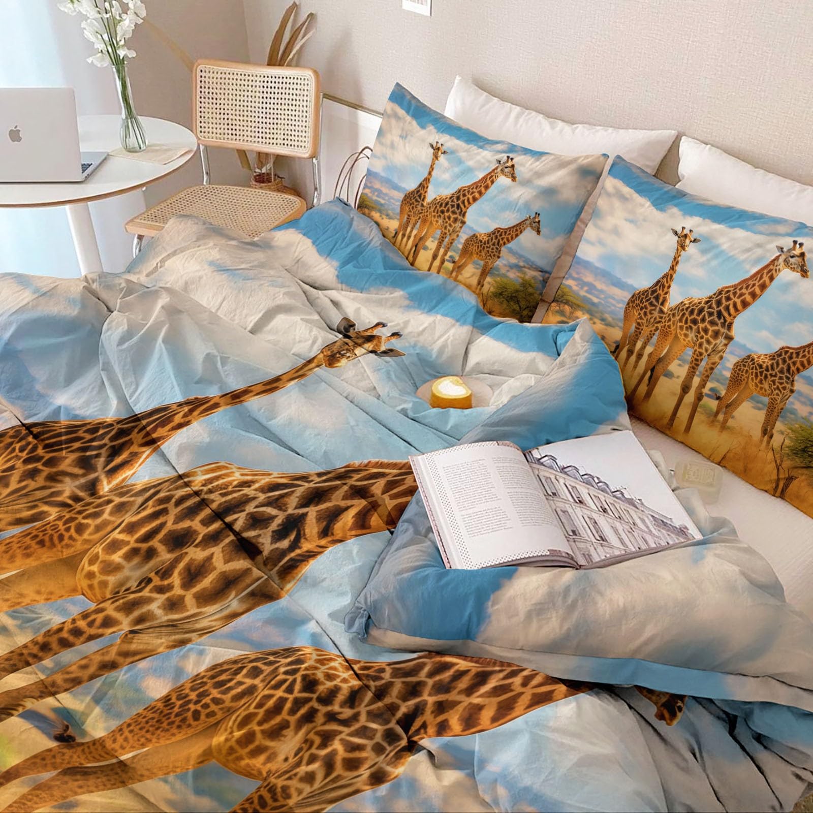 Generisch Wende Bettwäsche Set 155 x 220 cm, Weiche Mikrofaser Wildtiere Grasland Bettbezug Set, 3-teilige Bettwäsche mit Reißverschluss und Vier Eckleisten, Pflegeleicht Bügelfrei, Blau