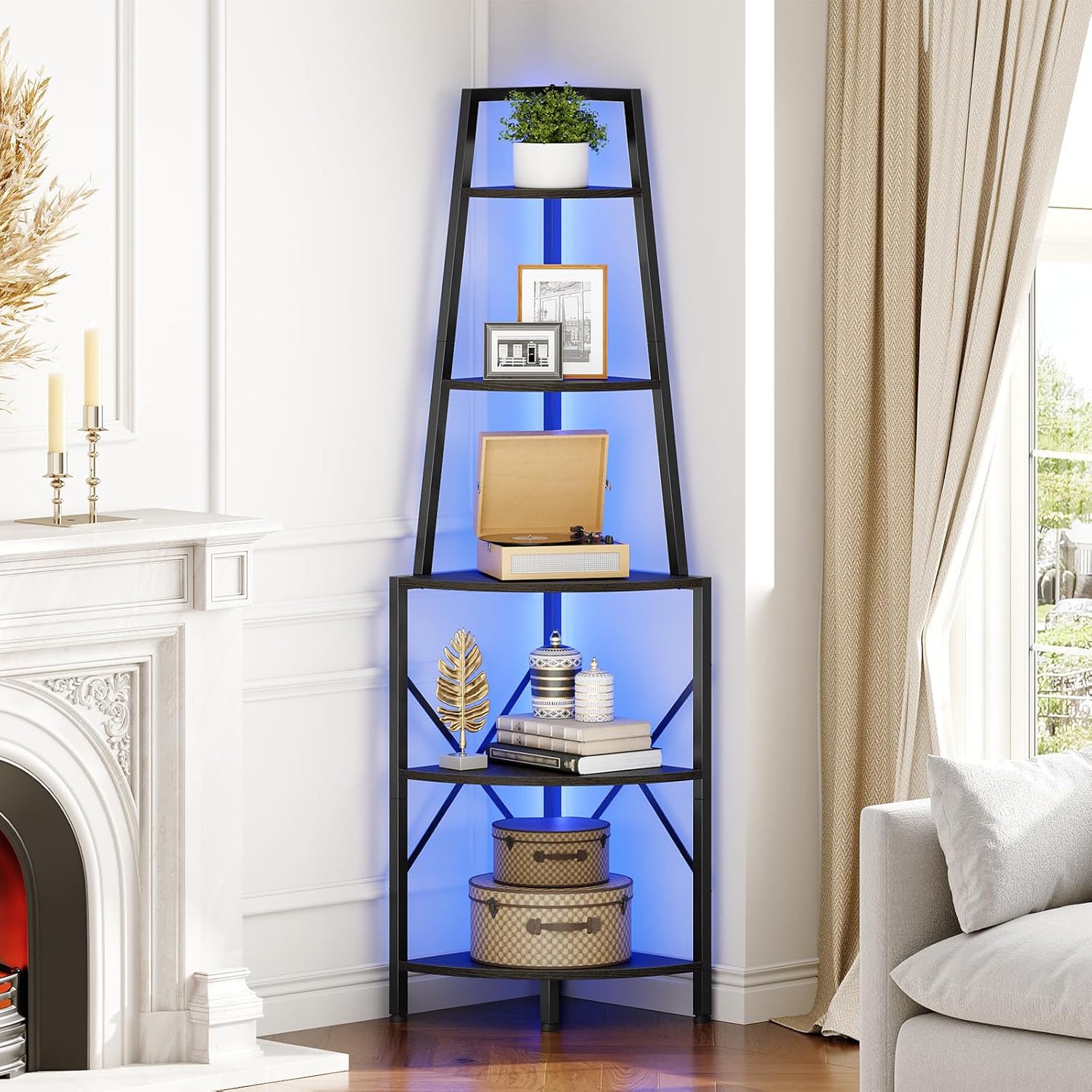 HOOBRO 5-Tier Corner Shelf with LED Lights, 67.9” Tall Corner Shelf Stand, Corner Bookshelf, Corner Plant Stand Display Shelf, for Living Room, Kitchen, Home Office, Black BB120DCJ01