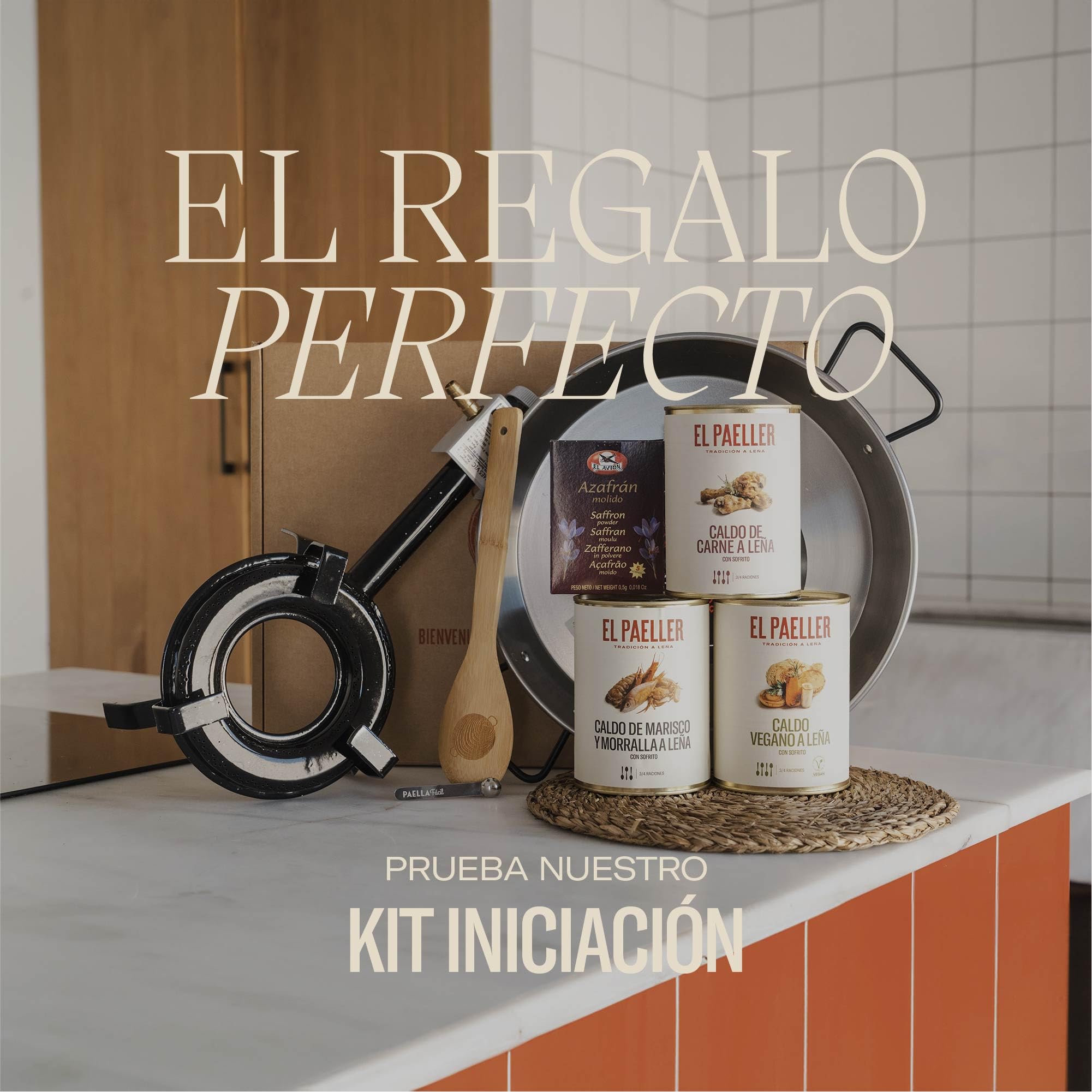 EL PAELLER - Cesta Gourmet para Regalar - Kit Iniciación para Paellas - Incluye Paellero a Gas, Paella de Hierro, Medidor, Set de Caldos, Salvamantel, Cuchara de Madera y Azafrán
