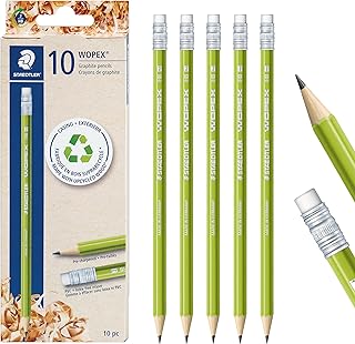 STAEDTLER WOPEX Pre-Sharpened #2 Pencils, Pack of 10 - Ergonomic Triangular Shape, Break-Resistant, Non-Slip Surface, Wood-Polymer, PVC-Free Eraser Tip