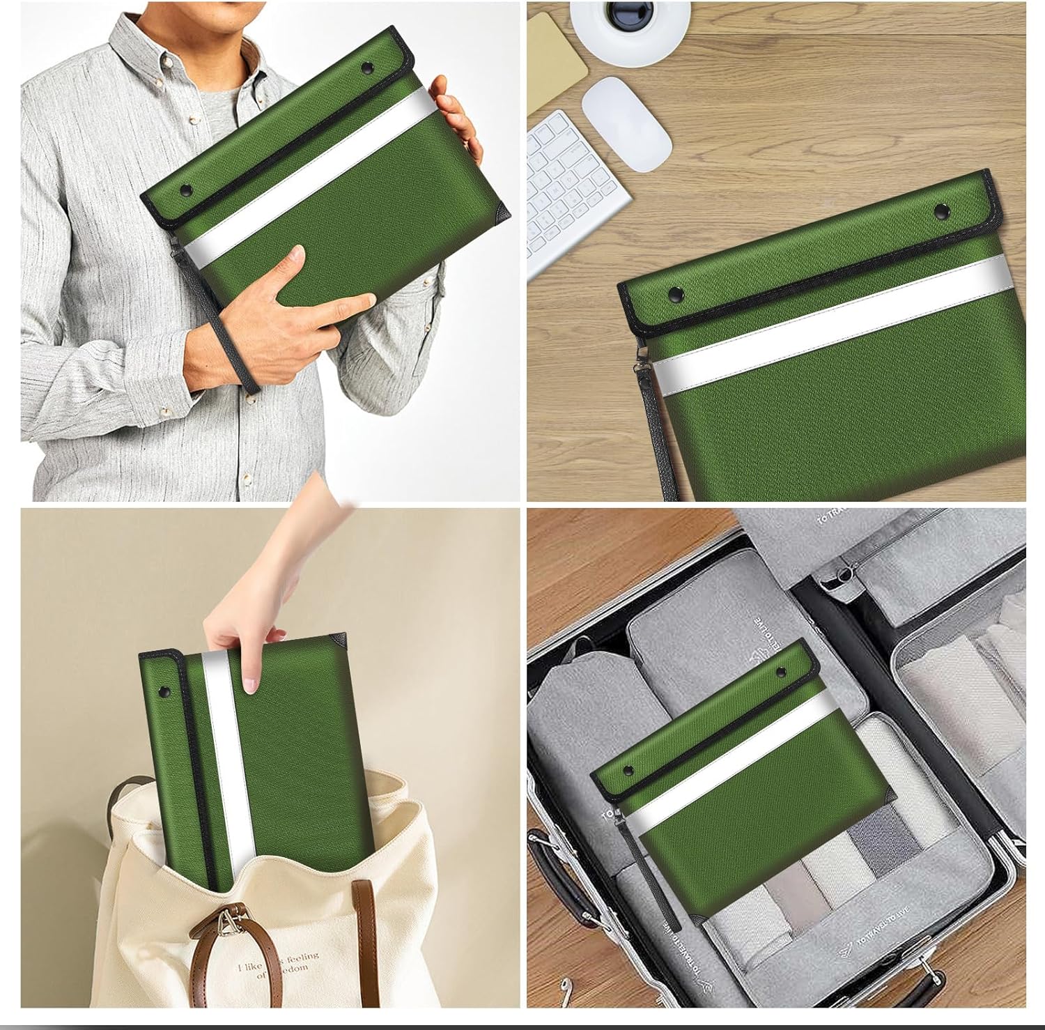 Upgraded Fireproof Document Bag 5200°F Heat Insulated,11"x7.7"Waterproof Fireproof Money Bag with Water-resistant Zipper,Fireproof Envelopes for Documents,Cash,Valuables(Green)