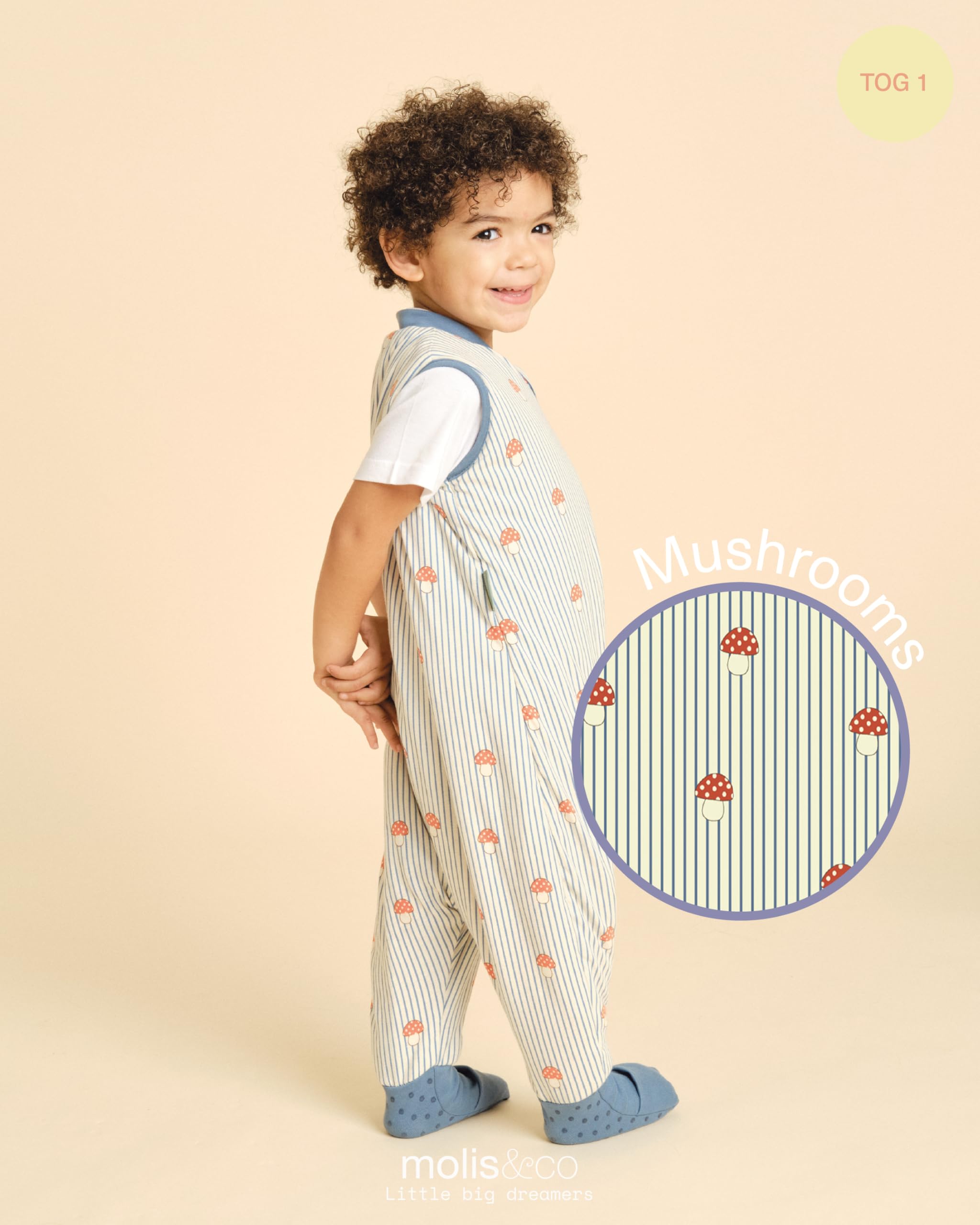 molis&co - Pijama Manta con Calcetines Antideslizantes 1.0 TOG - 80 cm (2 años) - Ideal para Primavera y otoño - 100% algodón (Oeko-Tex 100) - Mushrooms