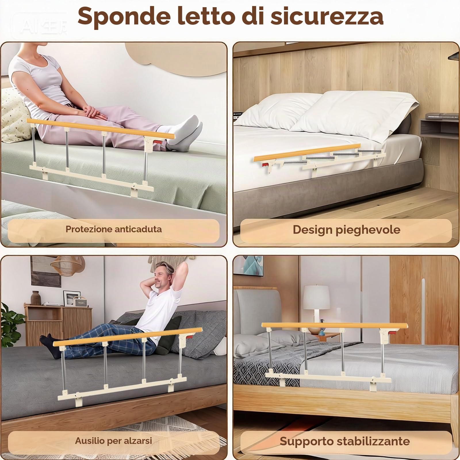 Sponda Letto con Barra in Legno, Regolabile, con Maniglie Antiscivolo, Include Attrezzi per Montaggio e Viti